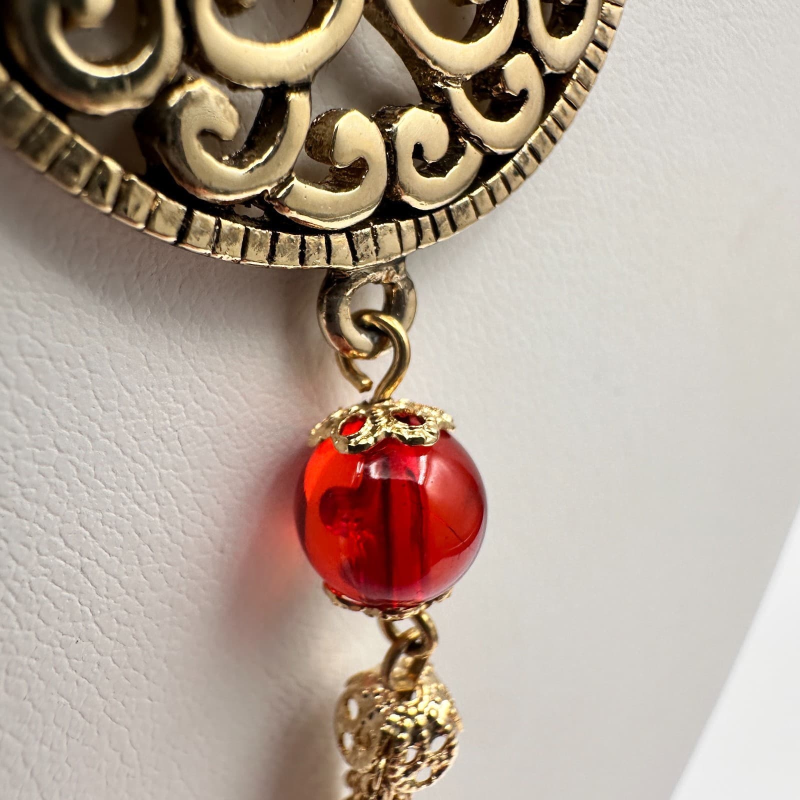 Vintage Y2K Cookie Lee Red Stone Necklace Gold Tone Filigree Tassel Statement - Thumbnail 10