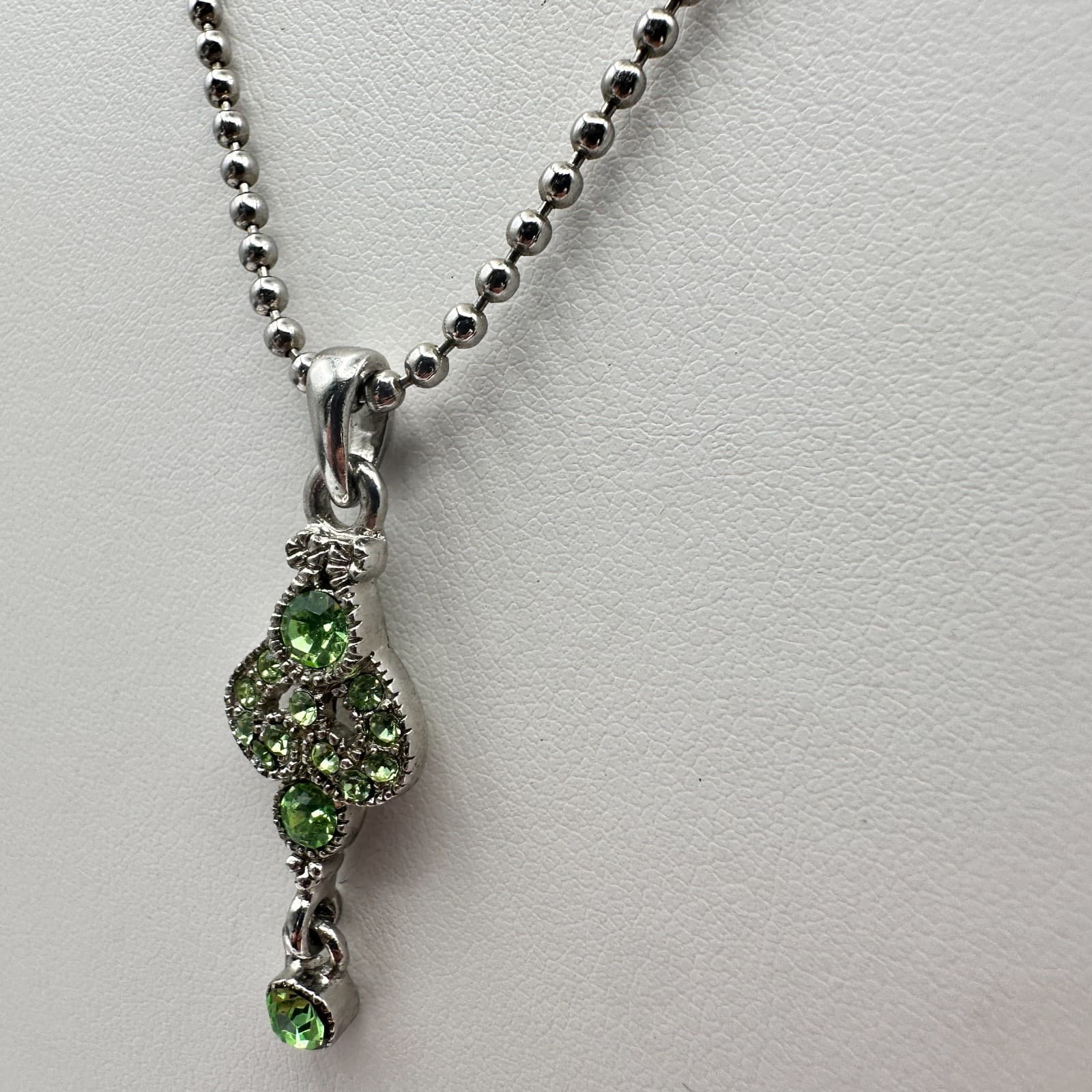 Vintage Y2K Cookie Lee Green Rhinestone Pendant Necklace Silver Tone Ball Chain - Thumbnail 7