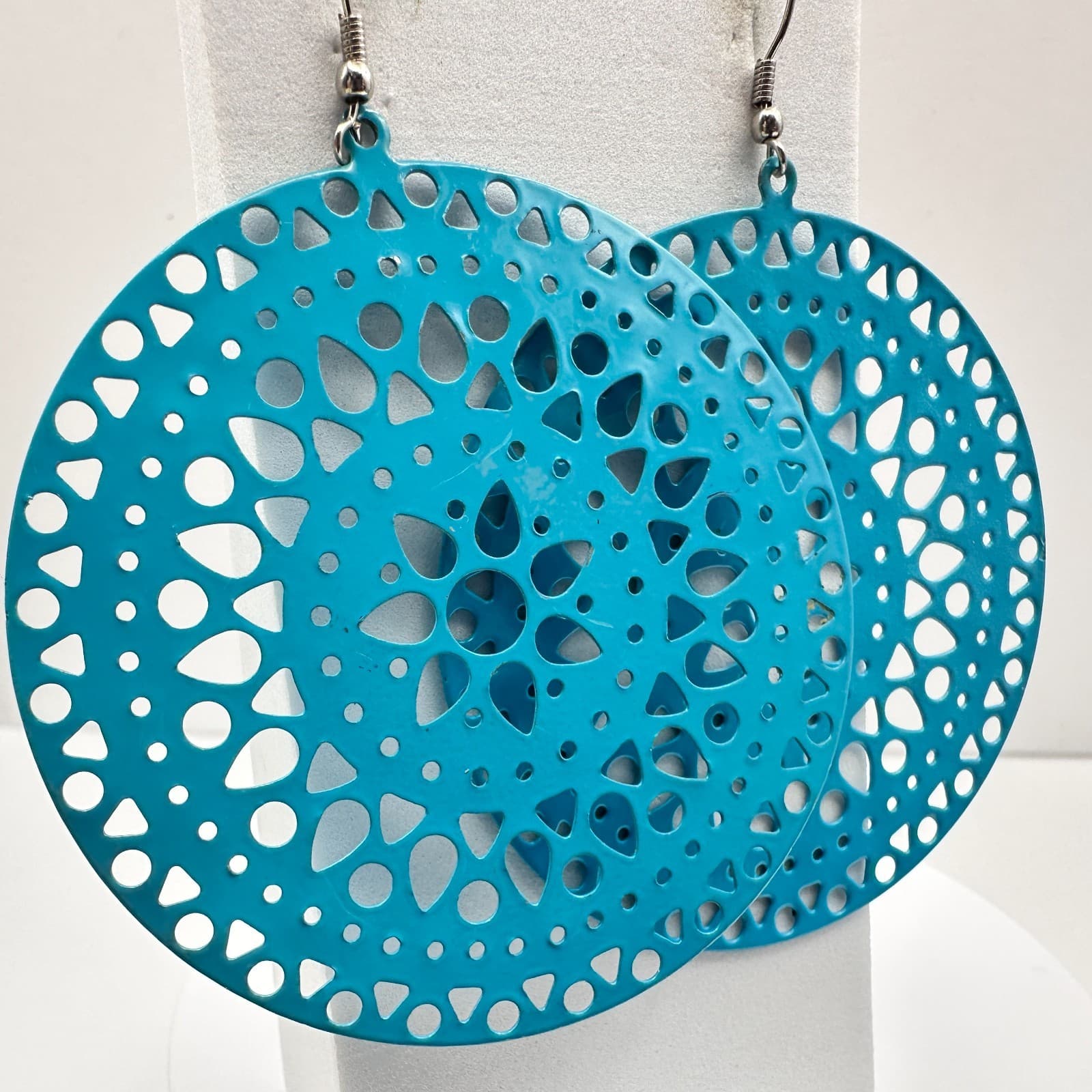 Vintage 90s Boho Teal Blue Enamel Large Filigree Round Drop Dangle Earrings - Thumbnail 4