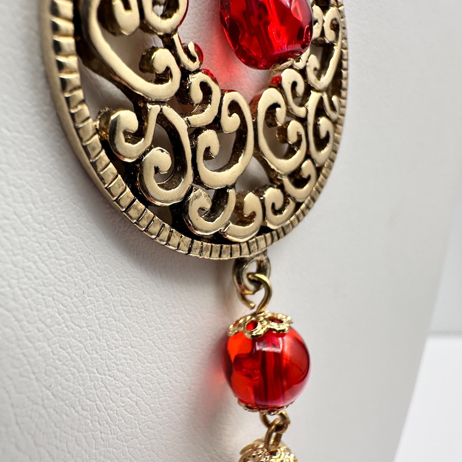 Vintage Y2K Cookie Lee Red Stone Necklace Gold Tone Filigree Tassel Statement - Thumbnail 8
