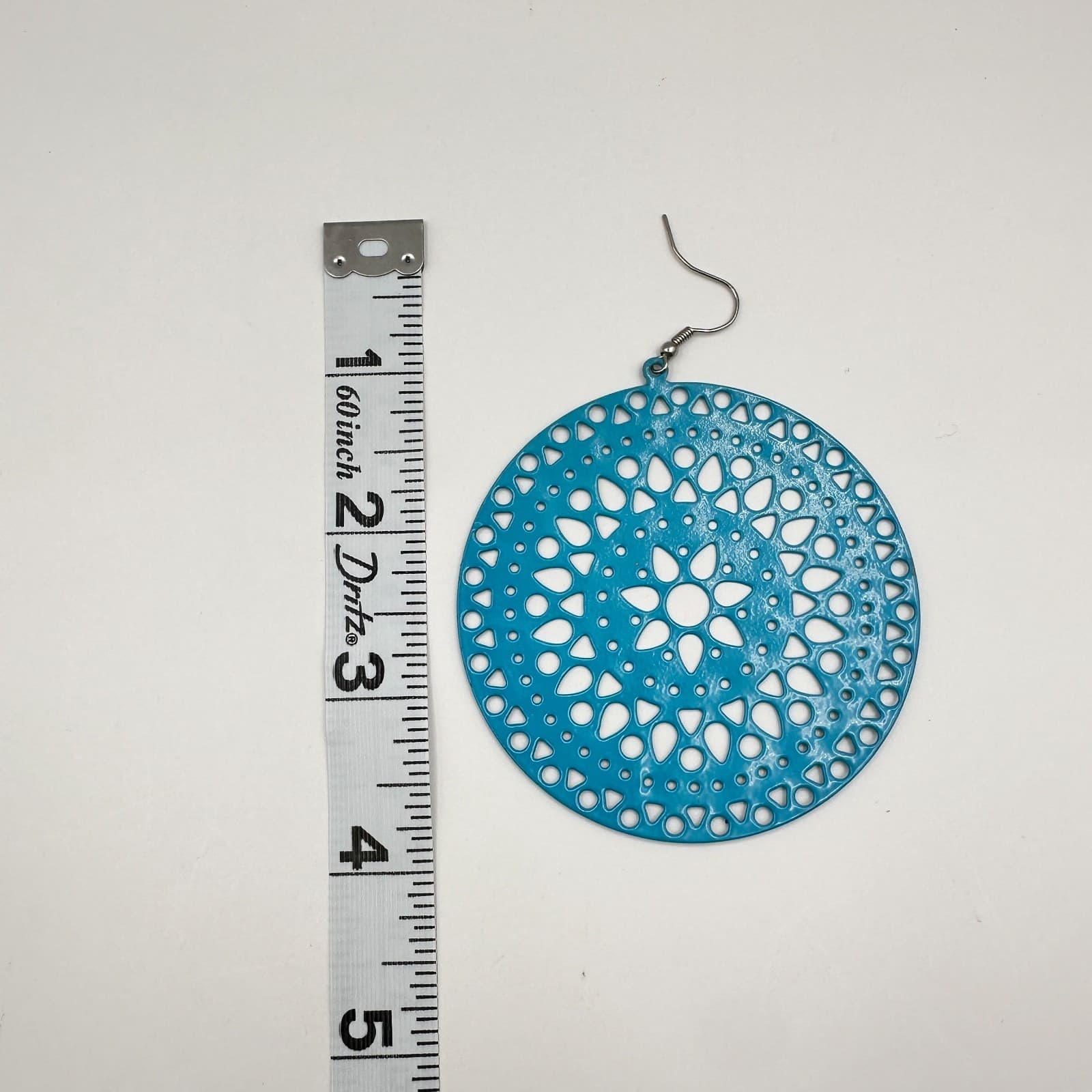 Vintage 90s Boho Teal Blue Enamel Large Filigree Round Drop Dangle Earrings - Thumbnail 10