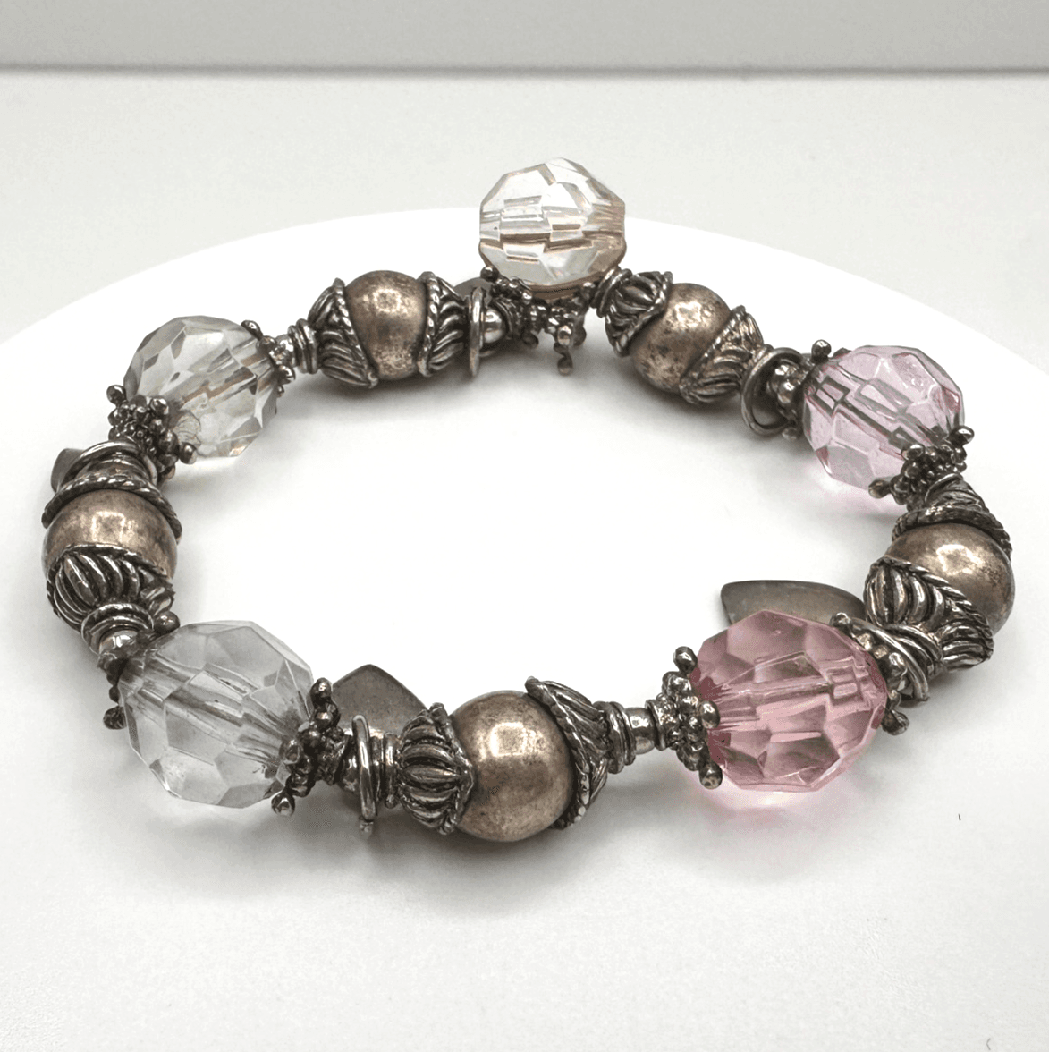 Vintage 90s Beaded Charm Bracelet Silver Tone Heart Boho Women's Classic Jewelry - Image 1