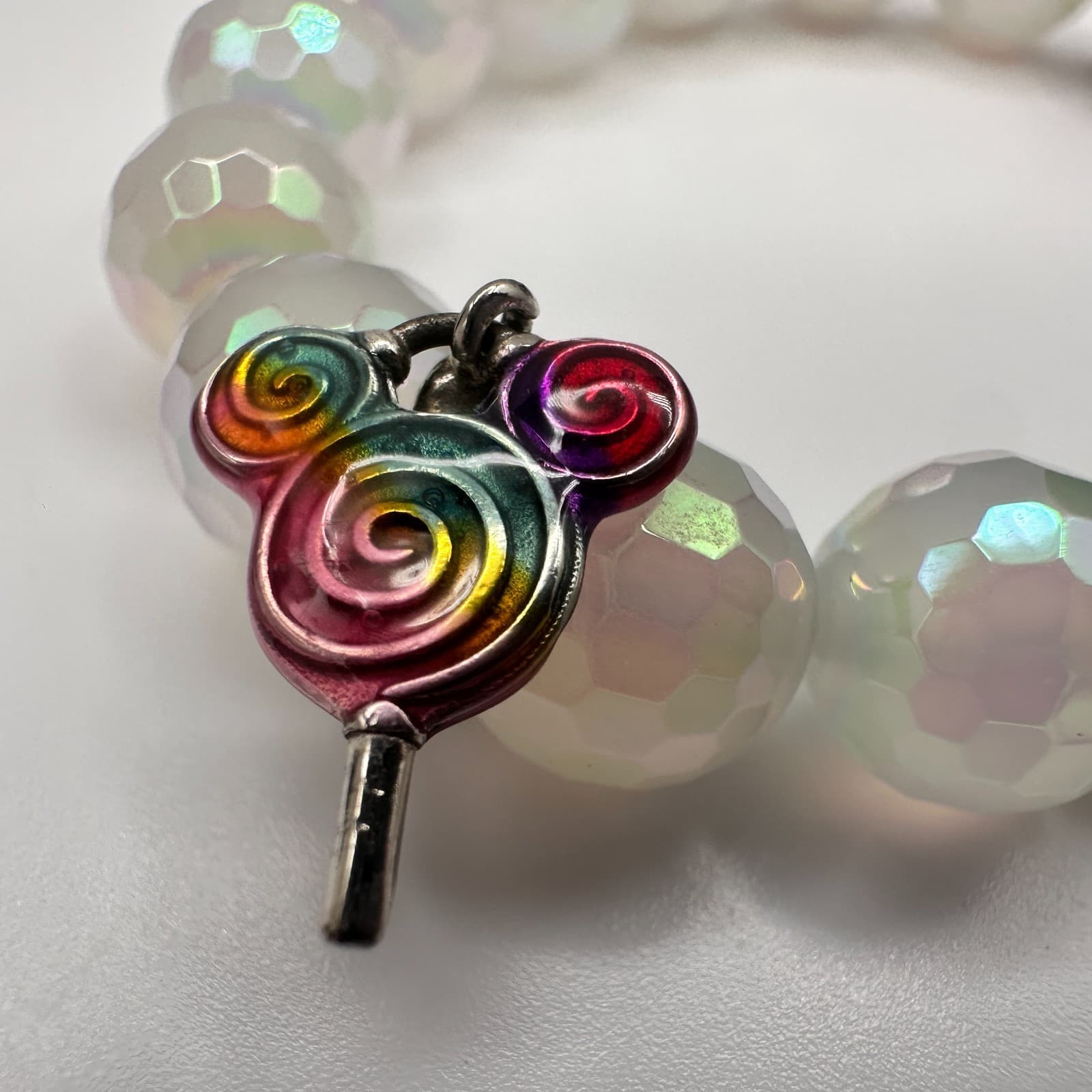 Vintage 90s Iridescent Beaded Stretch Bracelet Lollipop Charm Red Rhinestone - Thumbnail 3