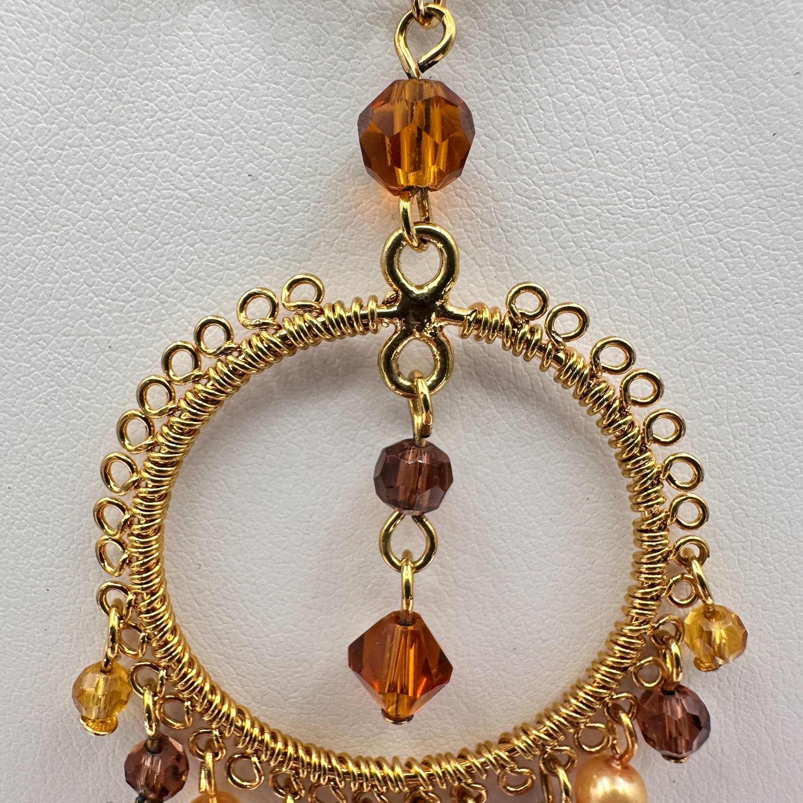 Vintage 90s Cookie Lee Amber Glass Gold Tone Round Pendant Necklace Boho Jewelry - Thumbnail 4