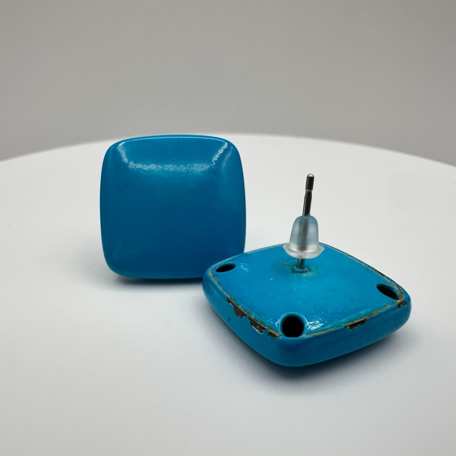 Vintage 90s Turquoise Blue Enamel Square Stud Earrings Retro Statement Jewelry - Thumbnail 3
