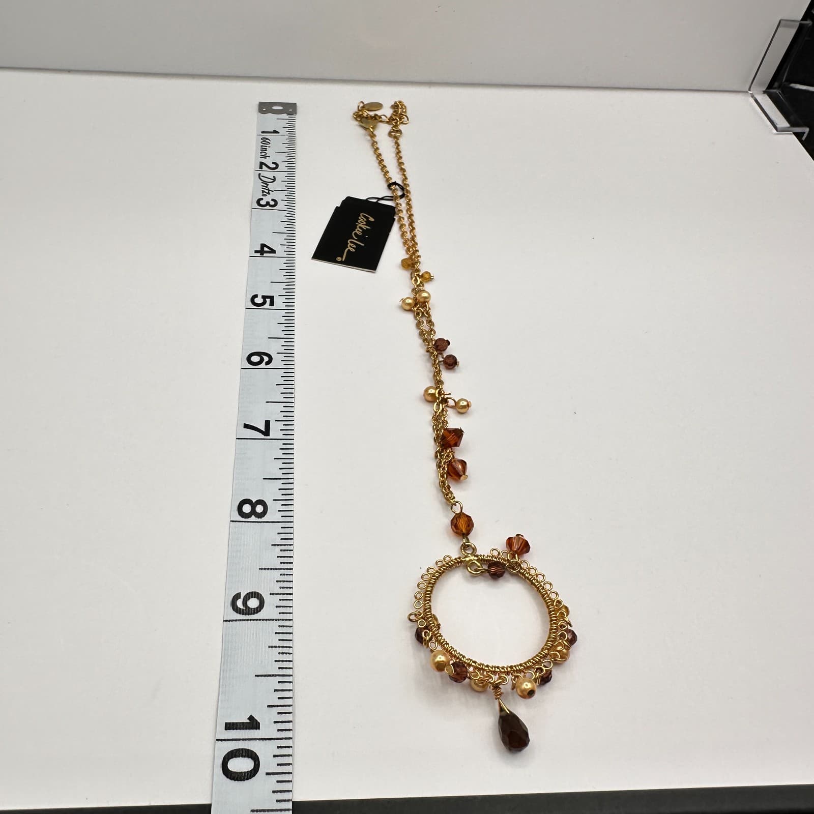 Vintage 90s Cookie Lee Amber Glass Gold Tone Round Pendant Necklace Boho Jewelry - Thumbnail 14