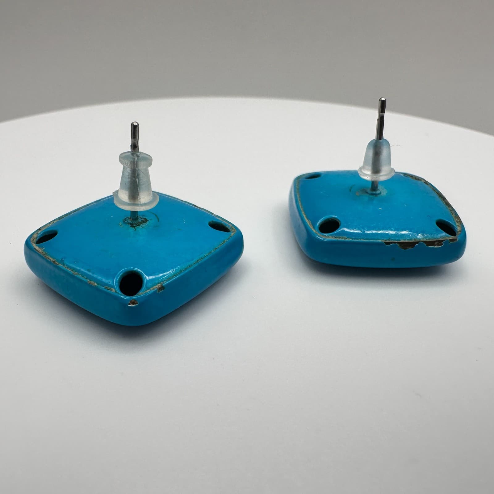 Vintage 90s Turquoise Blue Enamel Square Stud Earrings Retro Statement Jewelry - Thumbnail 11