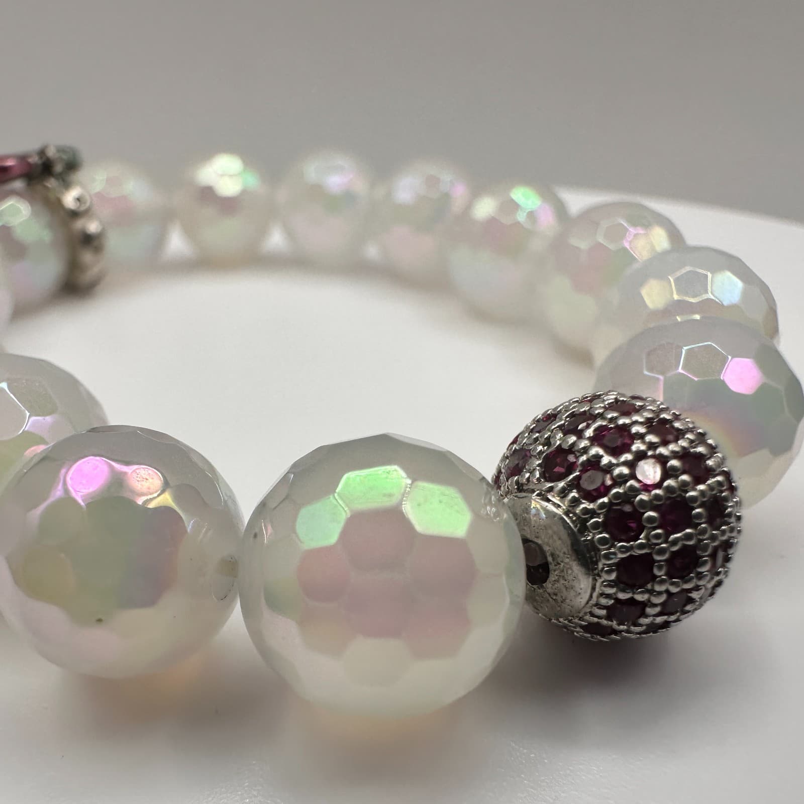 Vintage 90s Iridescent Beaded Stretch Bracelet Lollipop Charm Red Rhinestone - Thumbnail 6