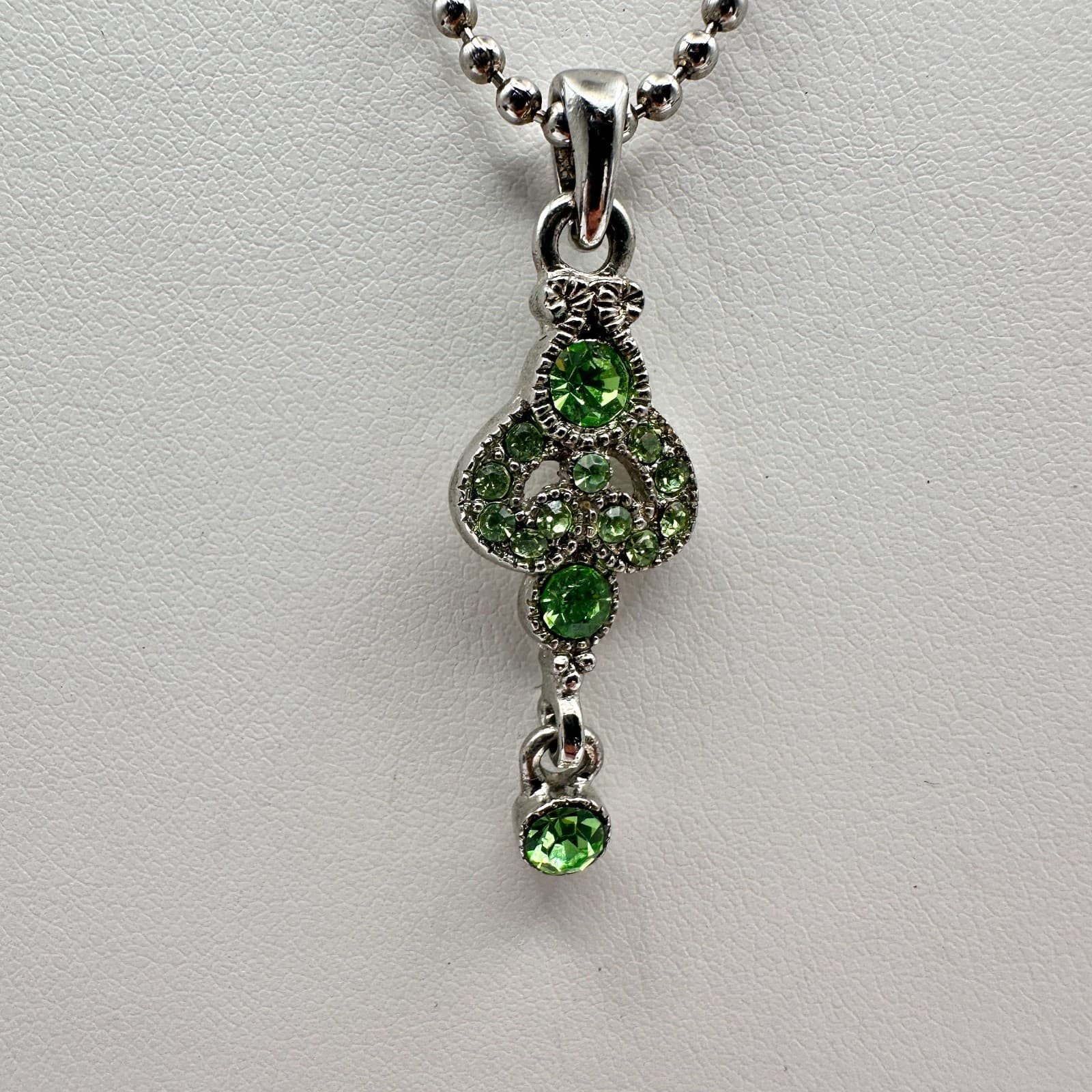 Vintage Y2K Cookie Lee Green Rhinestone Pendant Necklace Silver Tone Ball Chain - Thumbnail 2