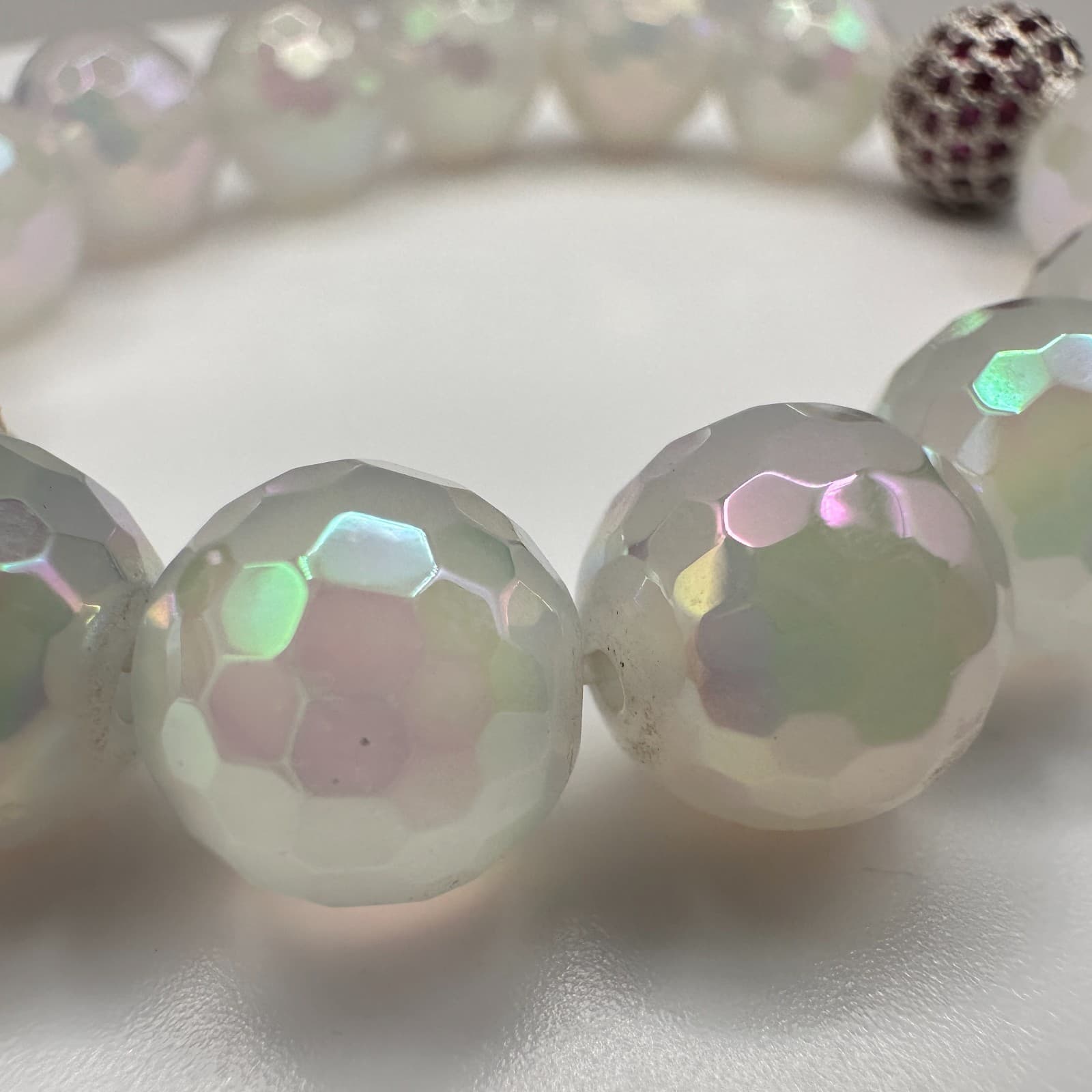 Vintage 90s Iridescent Beaded Stretch Bracelet Lollipop Charm Red Rhinestone - Thumbnail 5