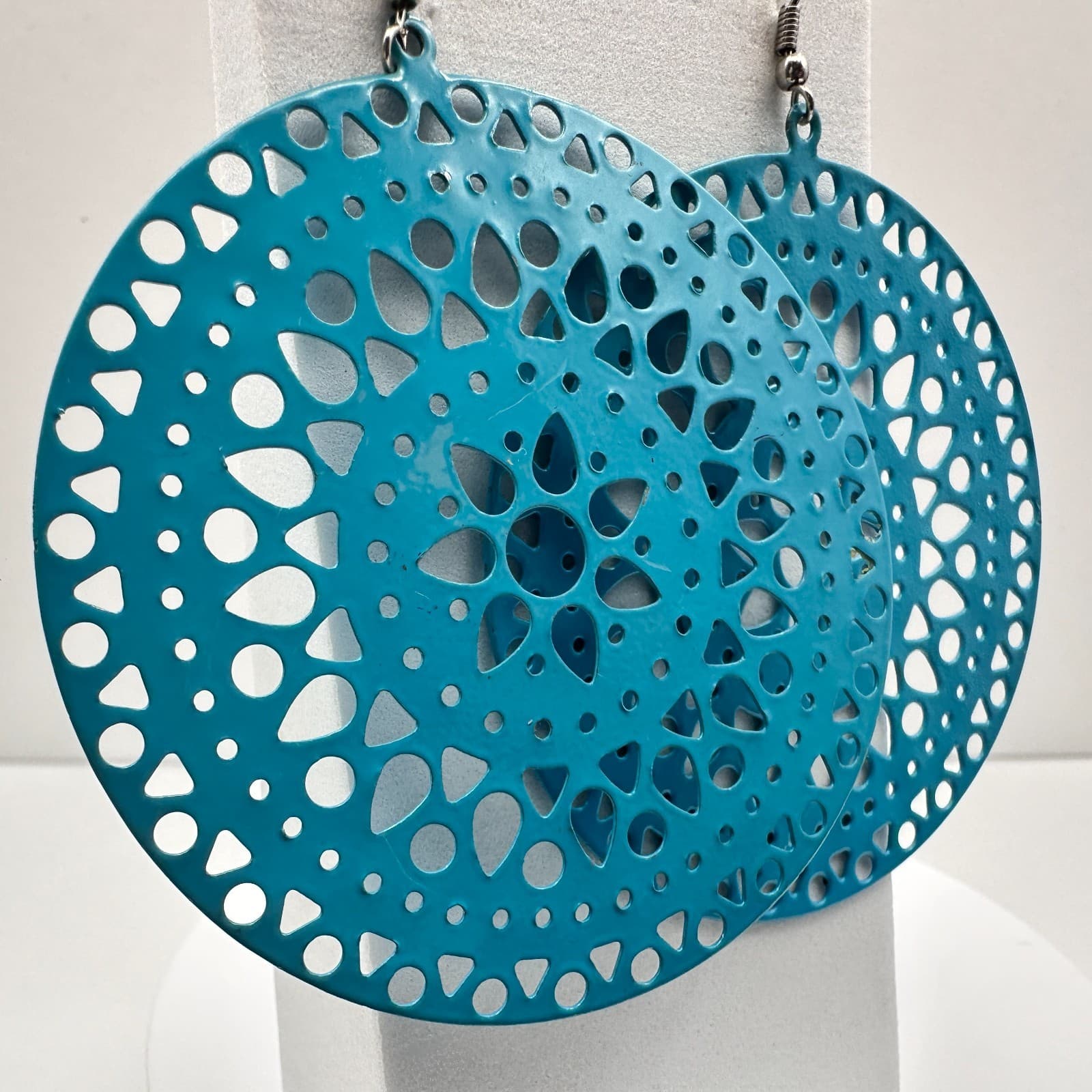 Vintage 90s Boho Teal Blue Enamel Large Filigree Round Drop Dangle Earrings - Thumbnail 3