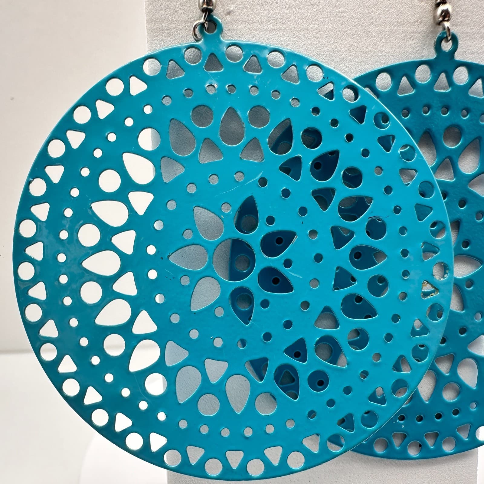 Vintage 90s Boho Teal Blue Enamel Large Filigree Round Drop Dangle Earrings - Thumbnail 6