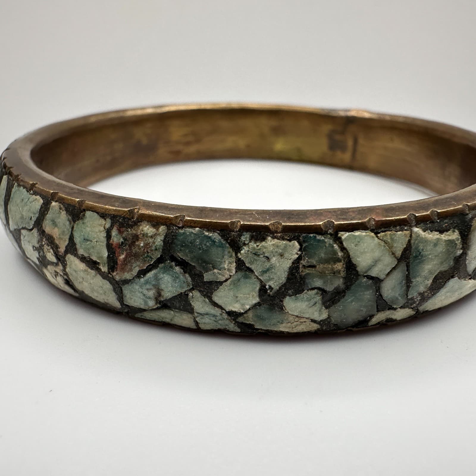 Vintage 80s Brass Bracelet Mosaic Turquoise Inlay Boho Ethnic Statement Jewelry - Thumbnail 2