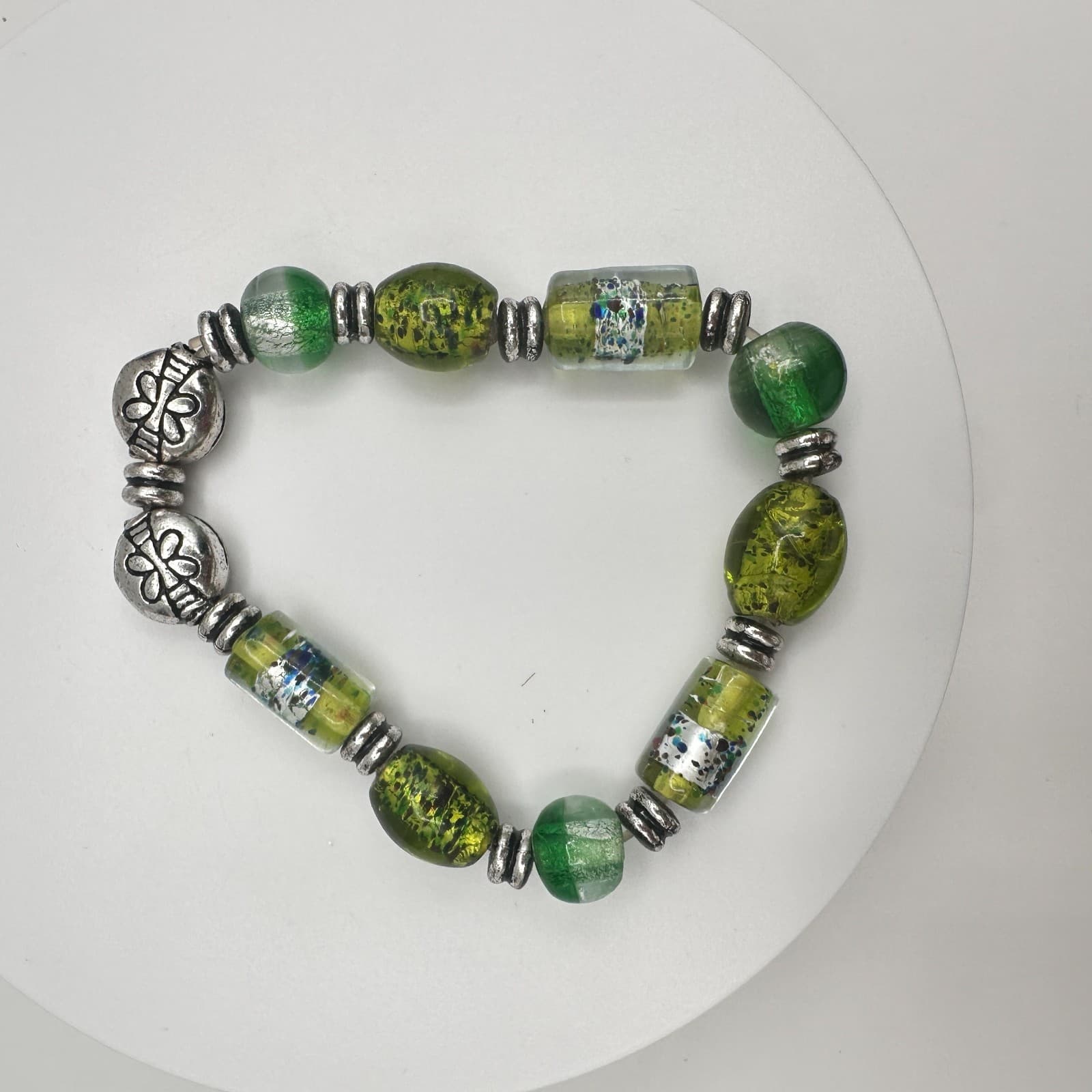 Vintage 90s Green Foil Lined Glass Beaded Stretch Bracelet Silver Tone Boho - Thumbnail 10