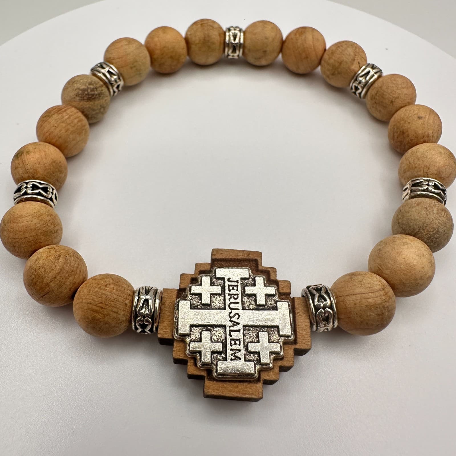Vintage 90s Jerusalem Cross Stretch Bracelet Olive Wood Beads Religious Jewelry - Thumbnail 3