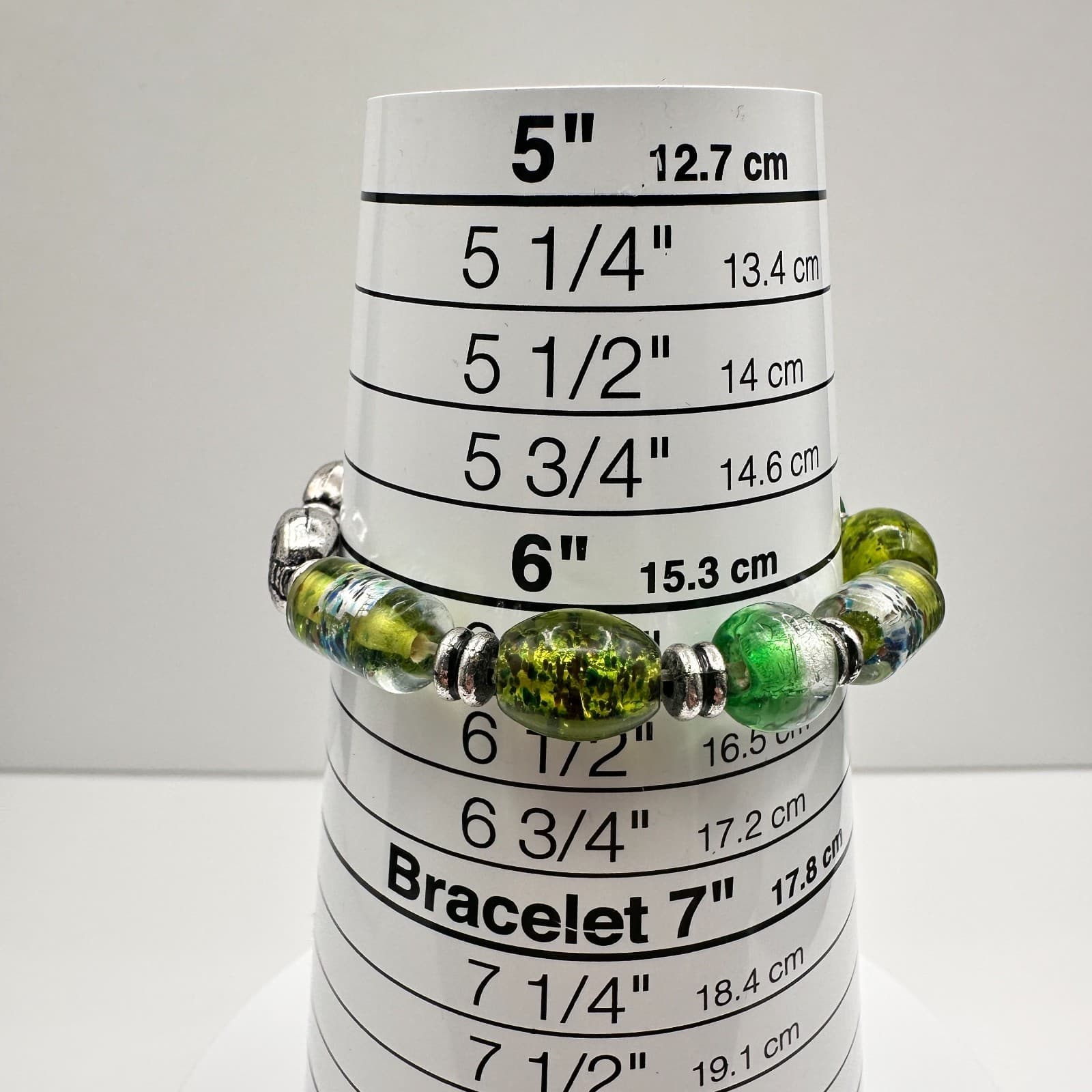 Vintage 90s Green Foil Lined Glass Beaded Stretch Bracelet Silver Tone Boho - Thumbnail 11