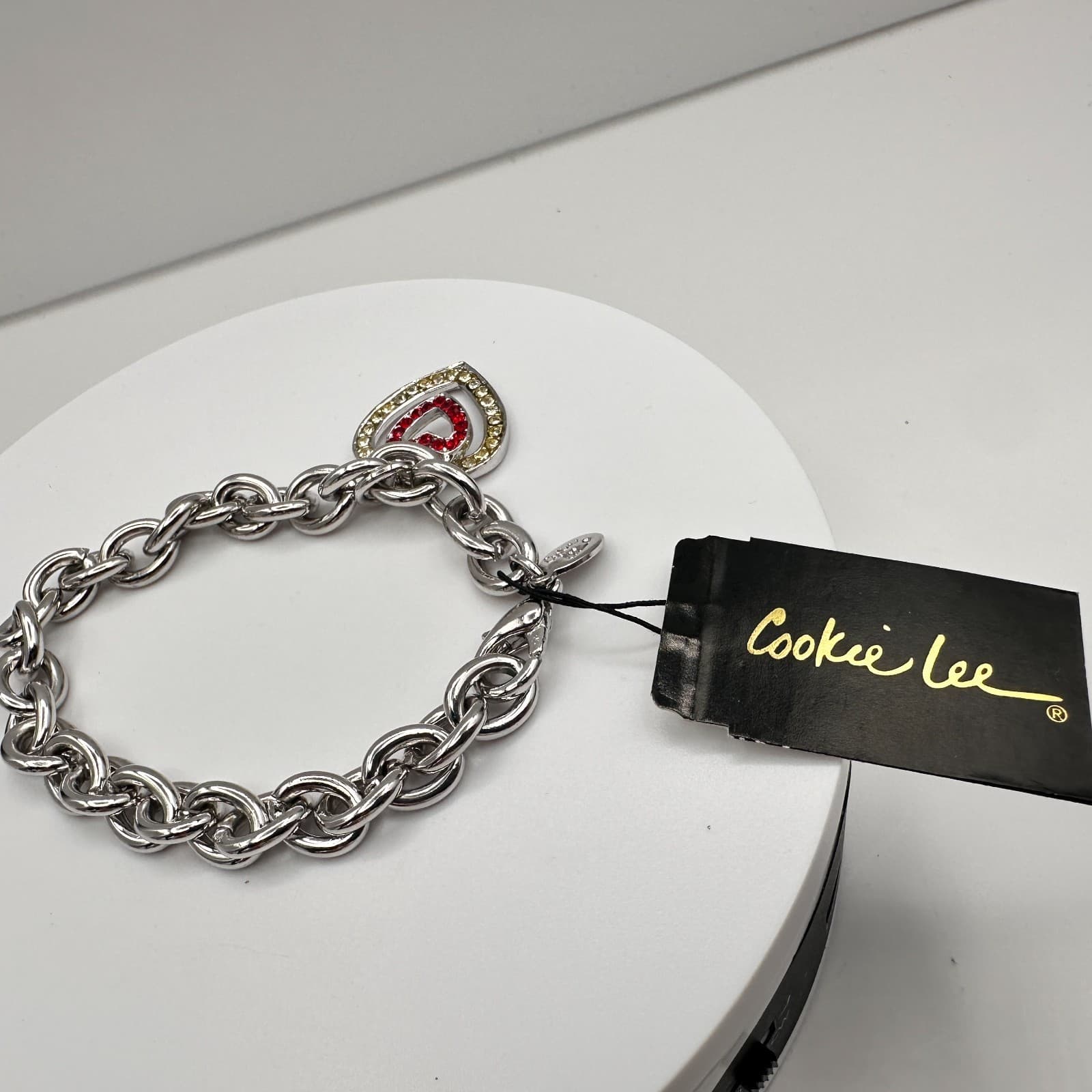 Vintage Y2K Cookie Lee Silver Tone Chunky Chain Bracelet Double Rhinestone Heart - Thumbnail 12