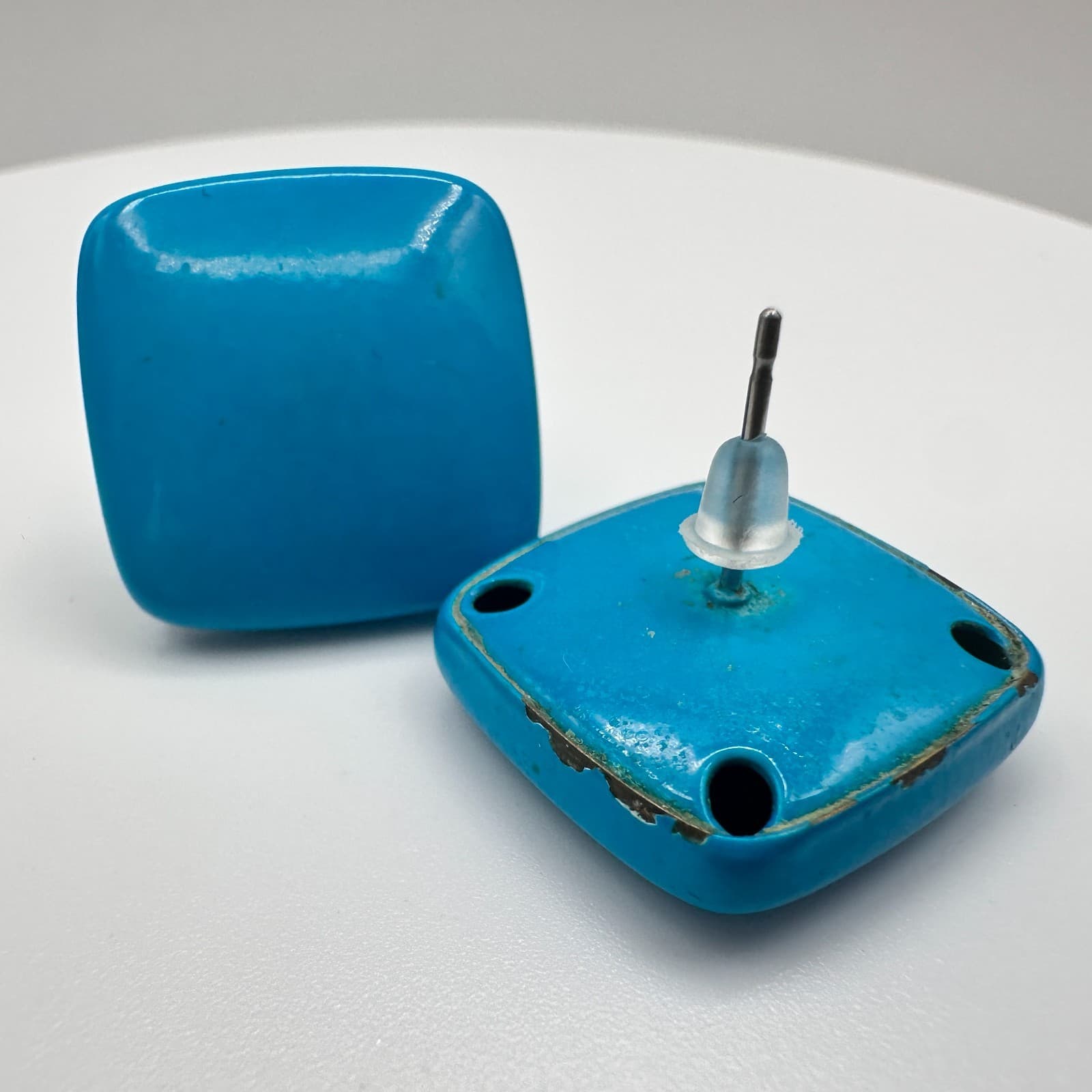 Vintage 90s Turquoise Blue Enamel Square Stud Earrings Retro Statement Jewelry - Thumbnail 5