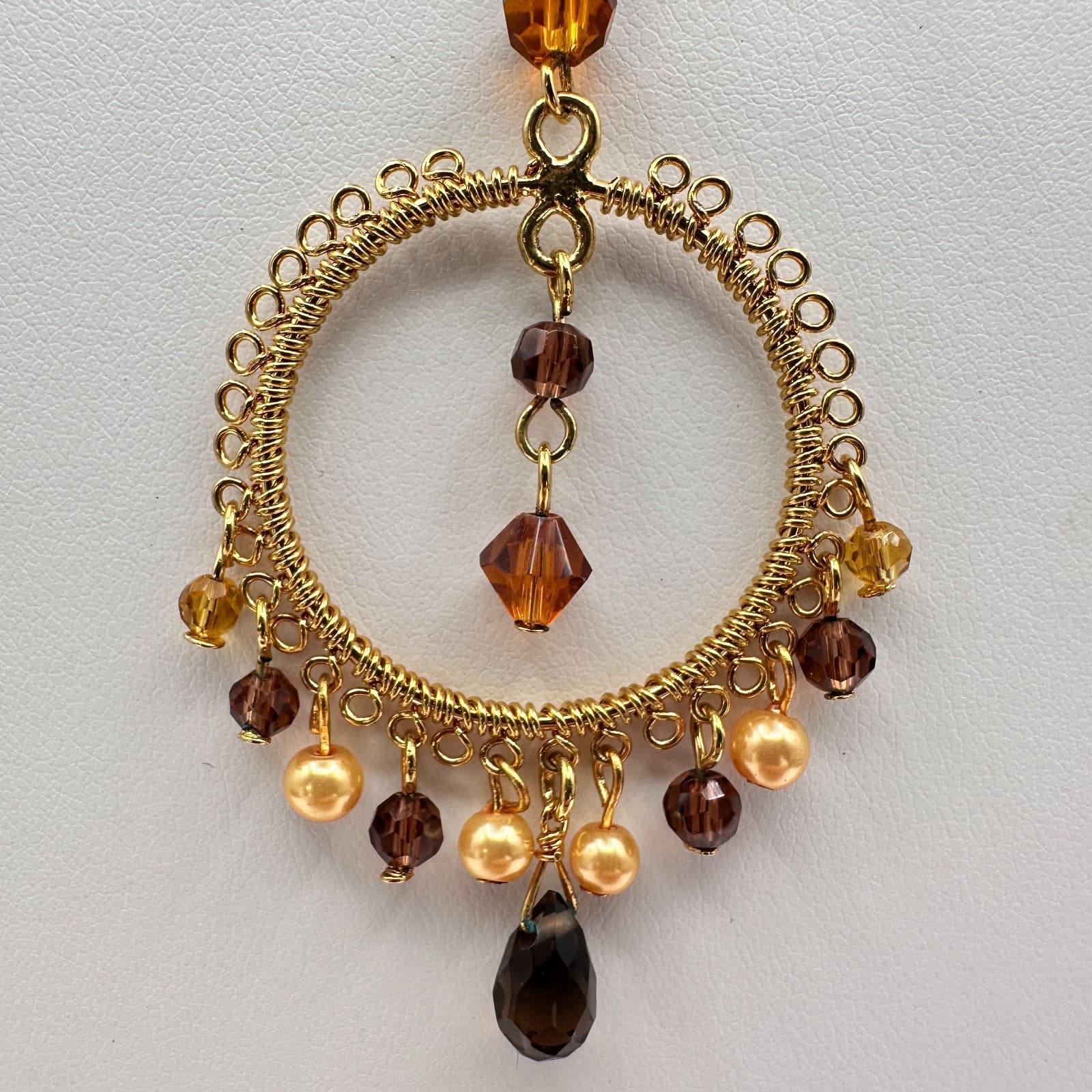 Vintage 90s Cookie Lee Amber Glass Gold Tone Round Pendant Necklace Boho Jewelry - Thumbnail 3