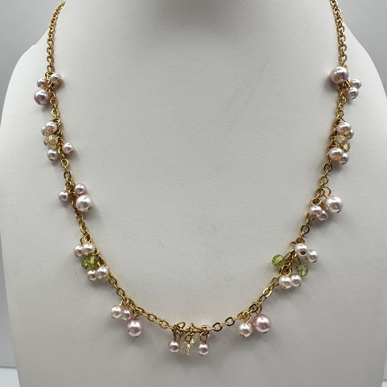 Vintage 90s Cookie Lee Faux Pearl Green Glass Necklace Gold Tone Women's Jewelry - Image 1