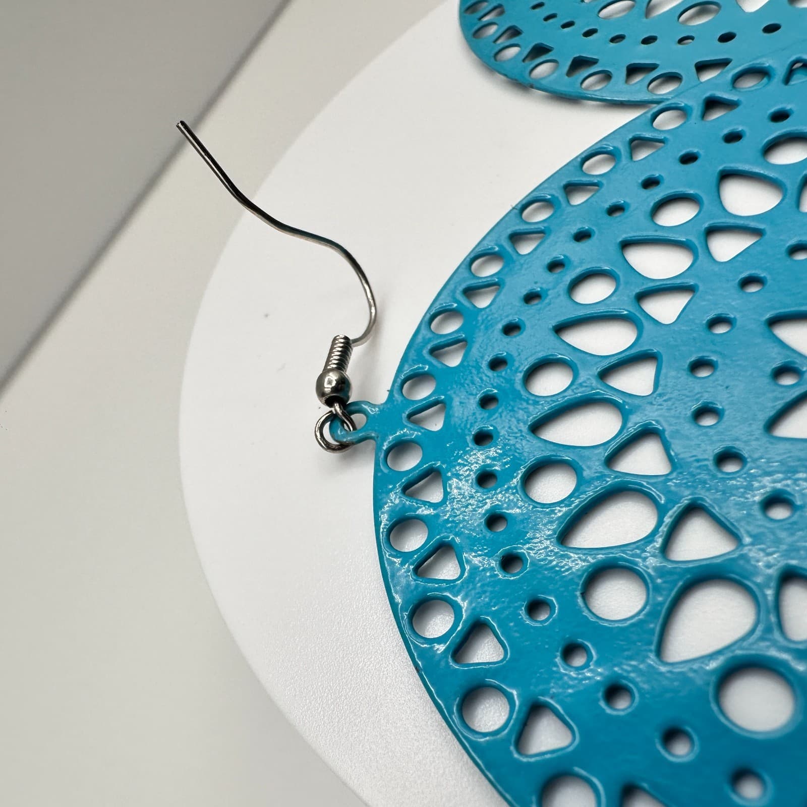 Vintage 90s Boho Teal Blue Enamel Large Filigree Round Drop Dangle Earrings - Thumbnail 8