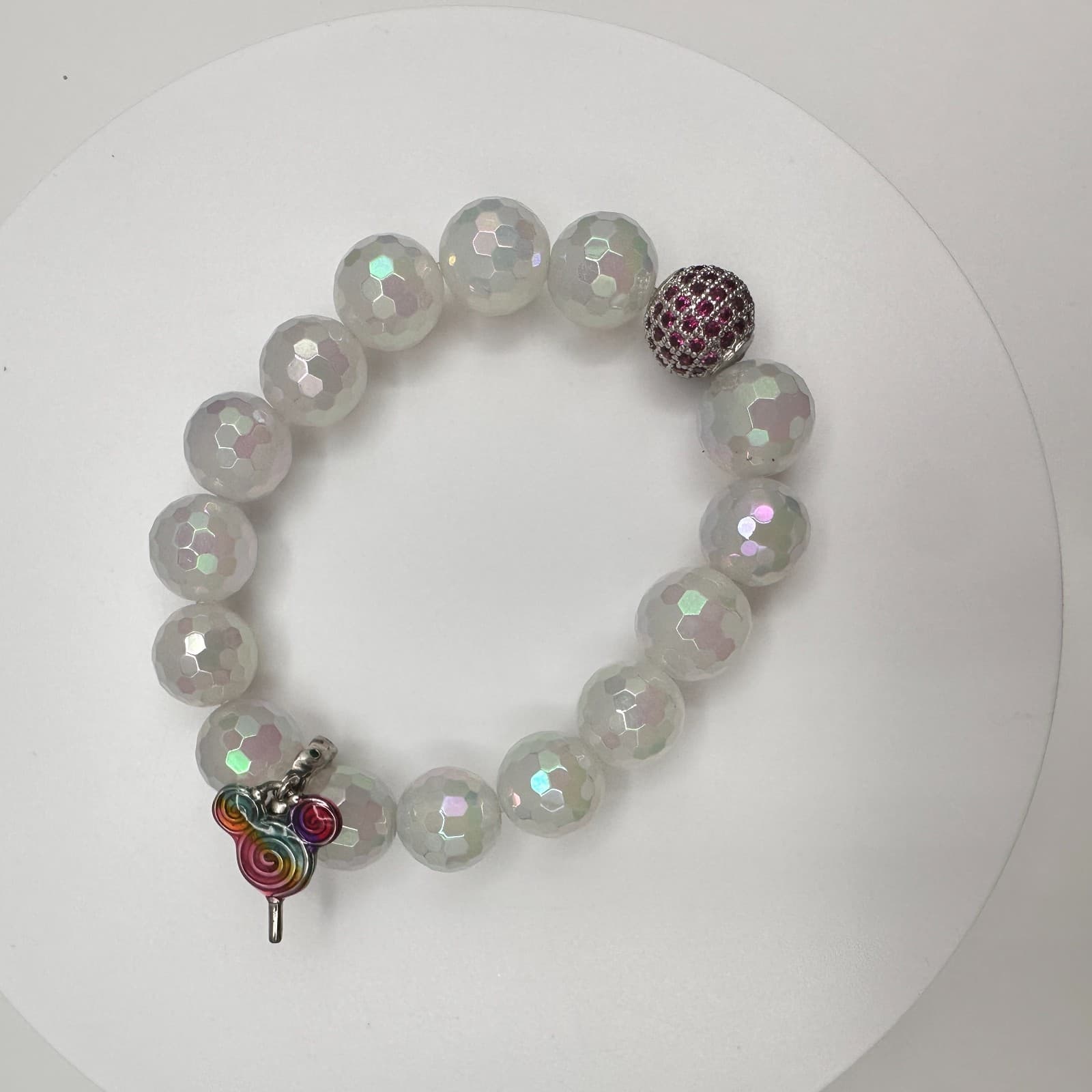 Vintage 90s Iridescent Beaded Stretch Bracelet Lollipop Charm Red Rhinestone - Thumbnail 9