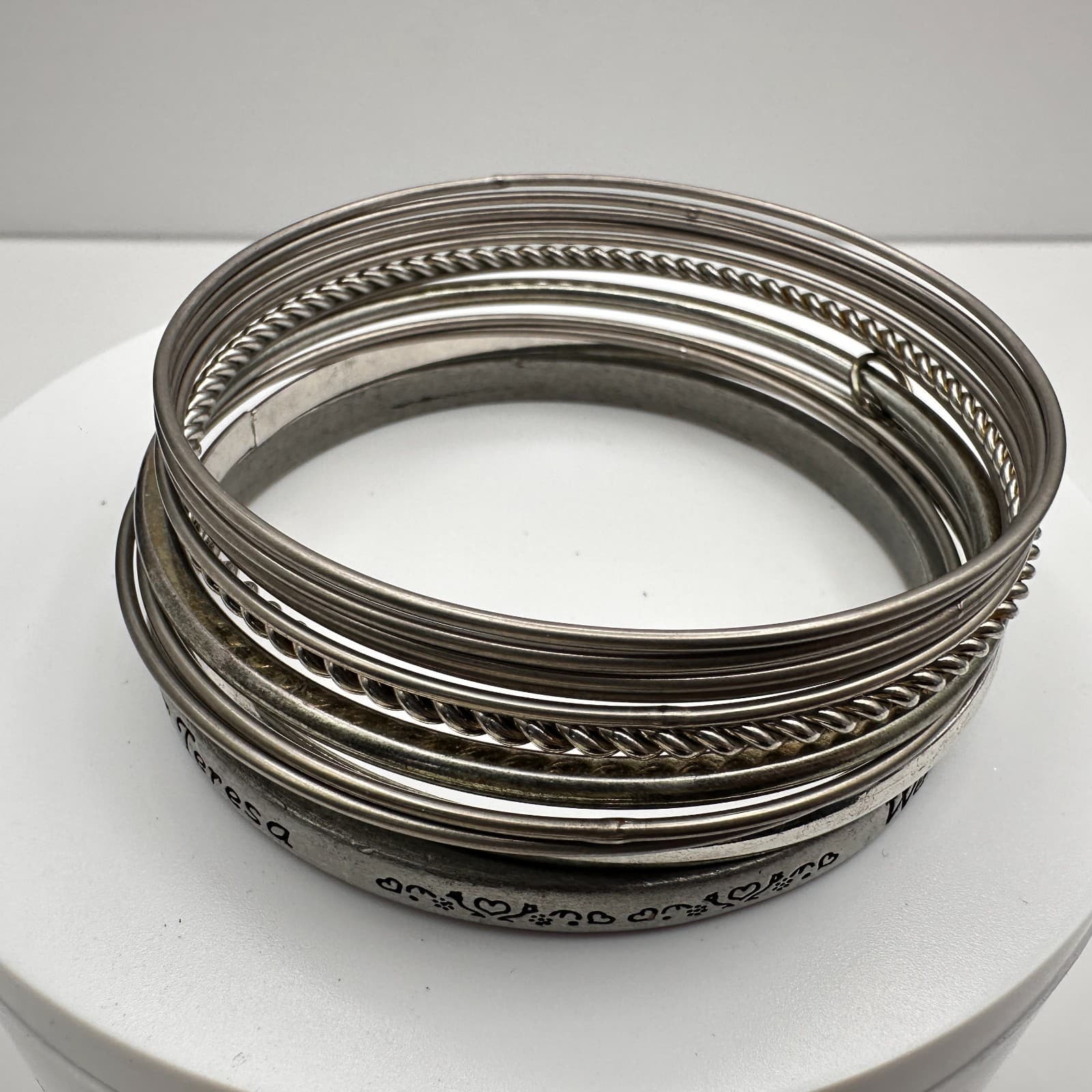 Vintage 90s Mother Teresa Engraved Bracelet Set Silver Tone Women's Jewelry - Thumbnail 2