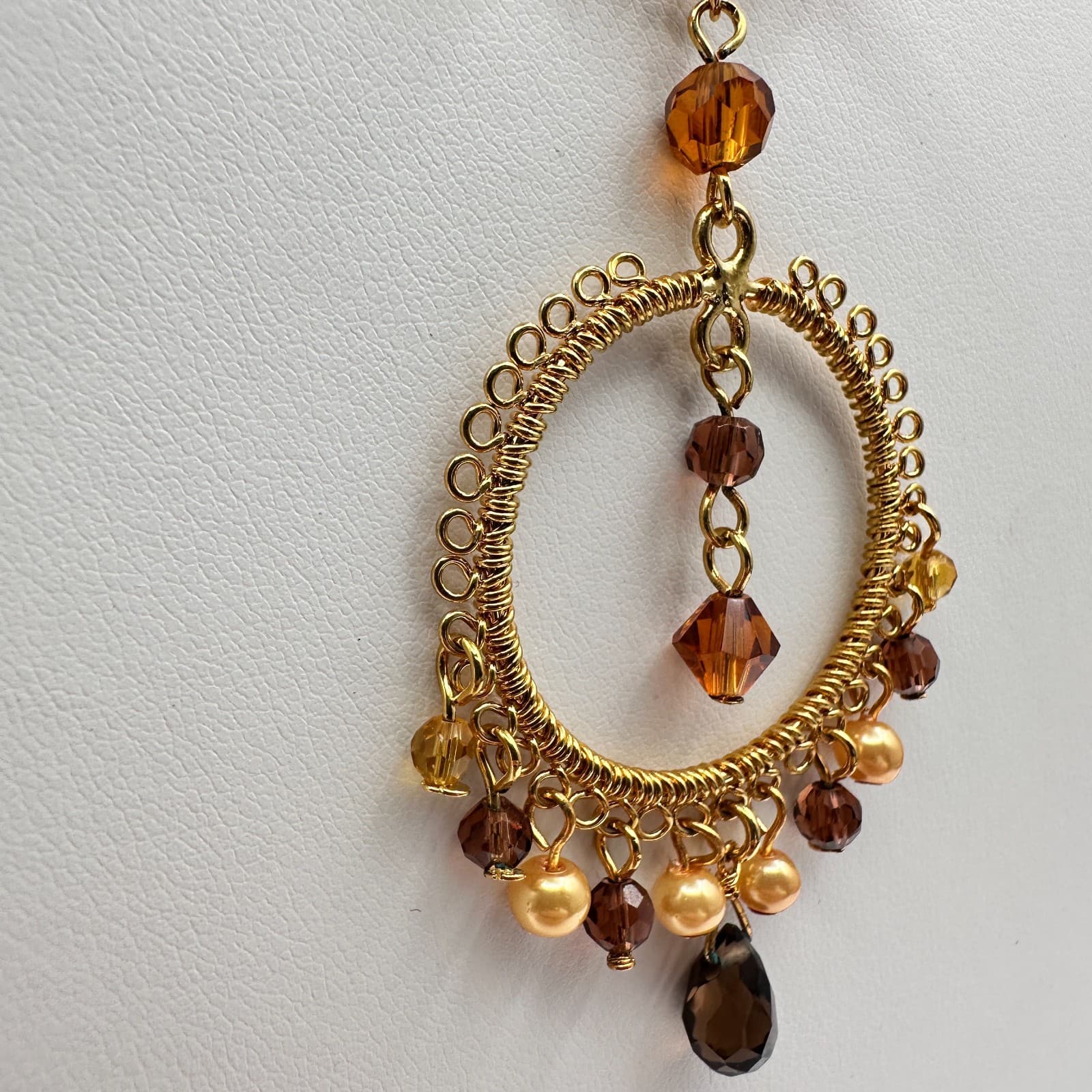 Vintage 90s Cookie Lee Amber Glass Gold Tone Round Pendant Necklace Boho Jewelry - Thumbnail 6