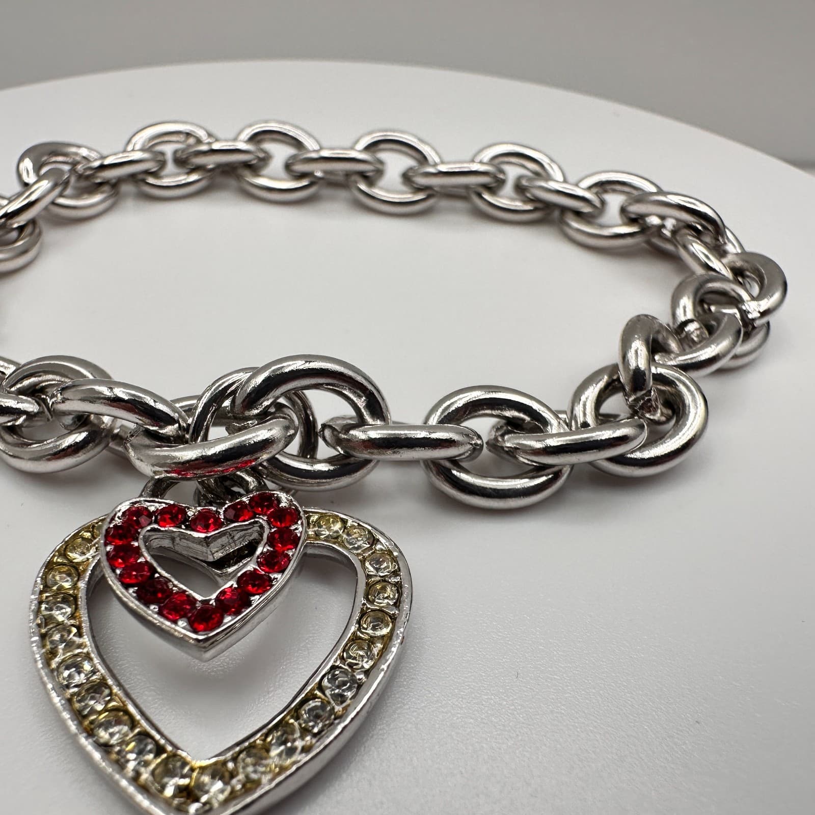 Vintage Y2K Cookie Lee Silver Tone Chunky Chain Bracelet Double Rhinestone Heart - Thumbnail 7