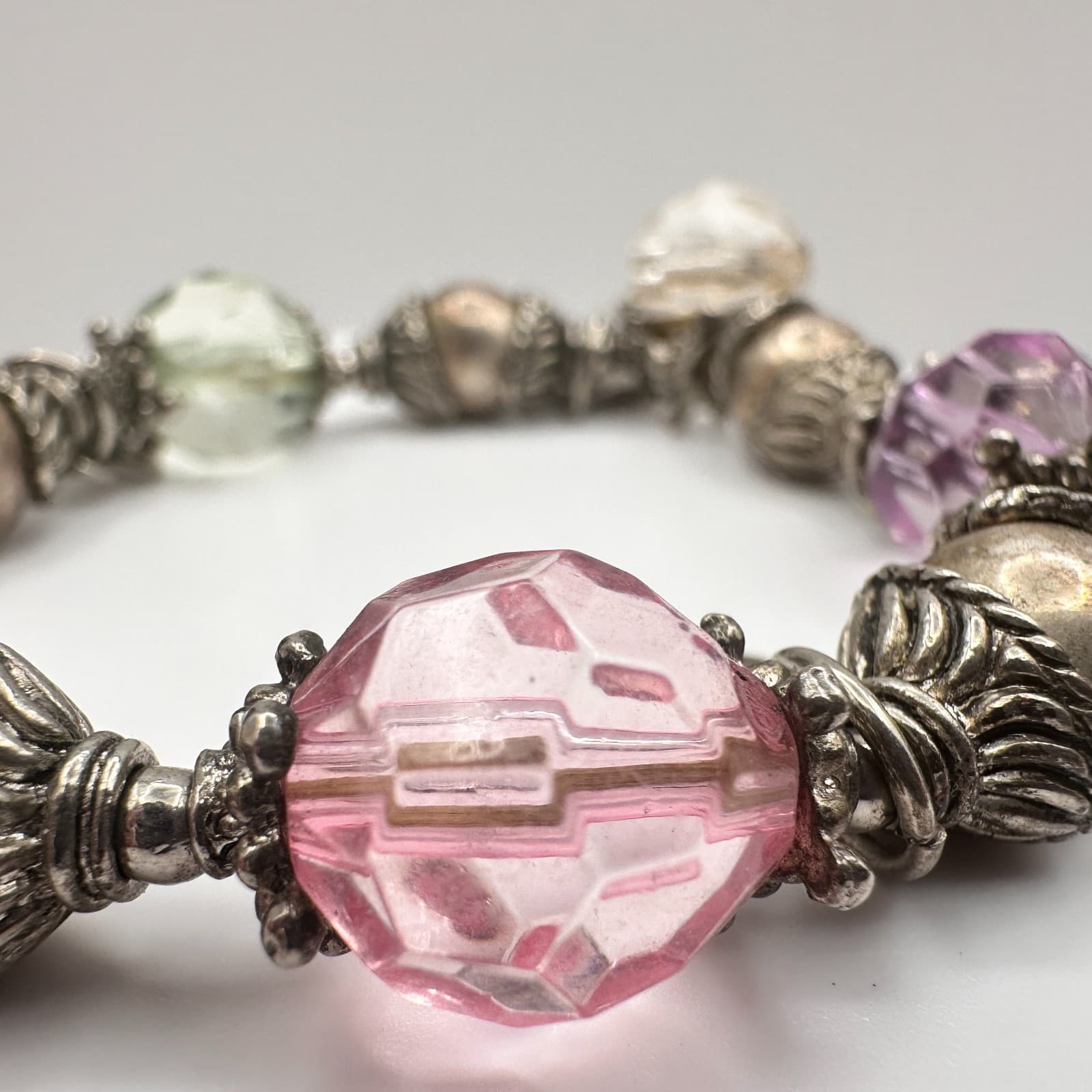 Vintage 90s Beaded Charm Bracelet Silver Tone Heart Boho Women's Classic Jewelry - Thumbnail 6