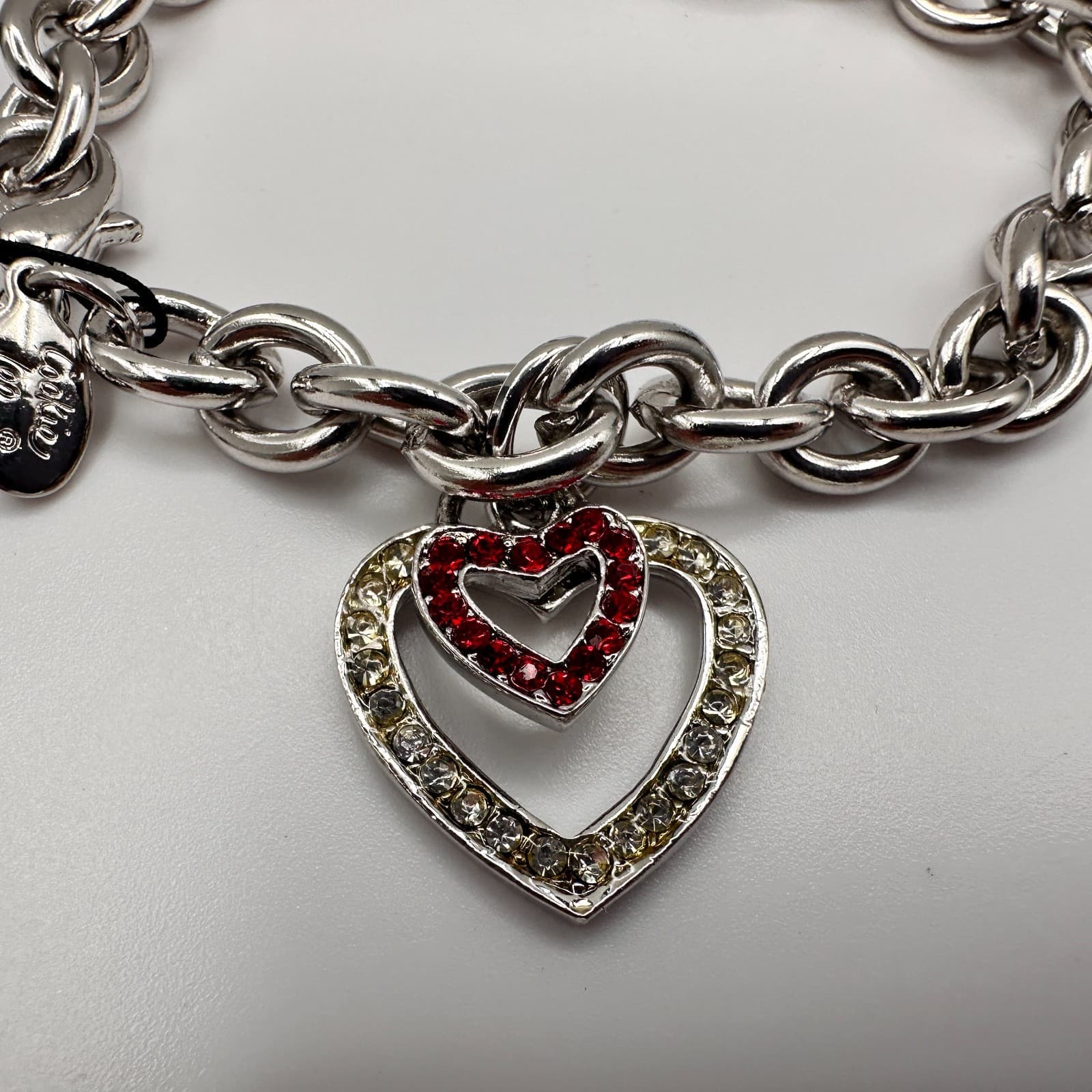 Vintage Y2K Cookie Lee Silver Tone Chunky Chain Bracelet Double Rhinestone Heart - Thumbnail 3