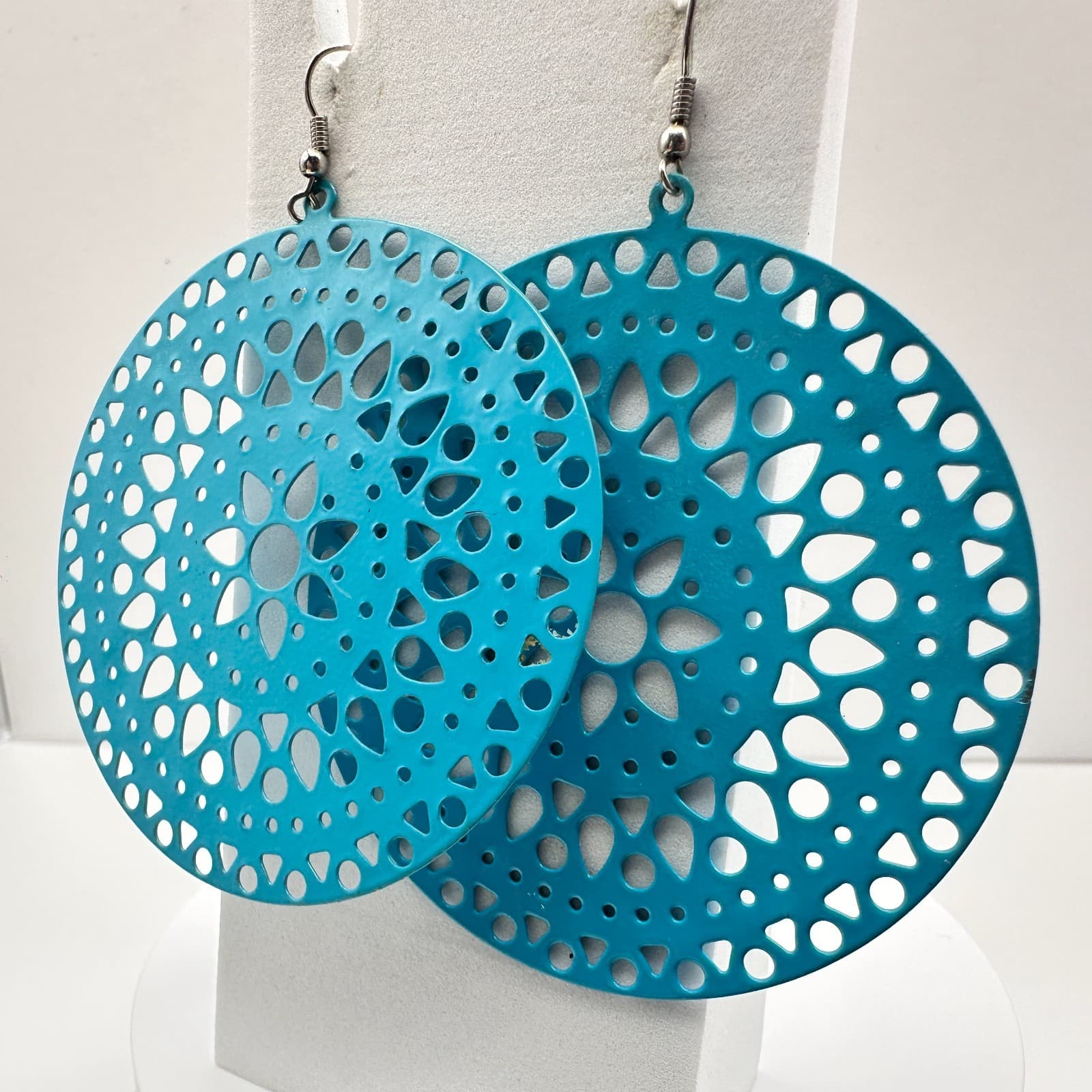 Vintage 90s Boho Teal Blue Enamel Large Filigree Round Drop Dangle Earrings - Thumbnail 5