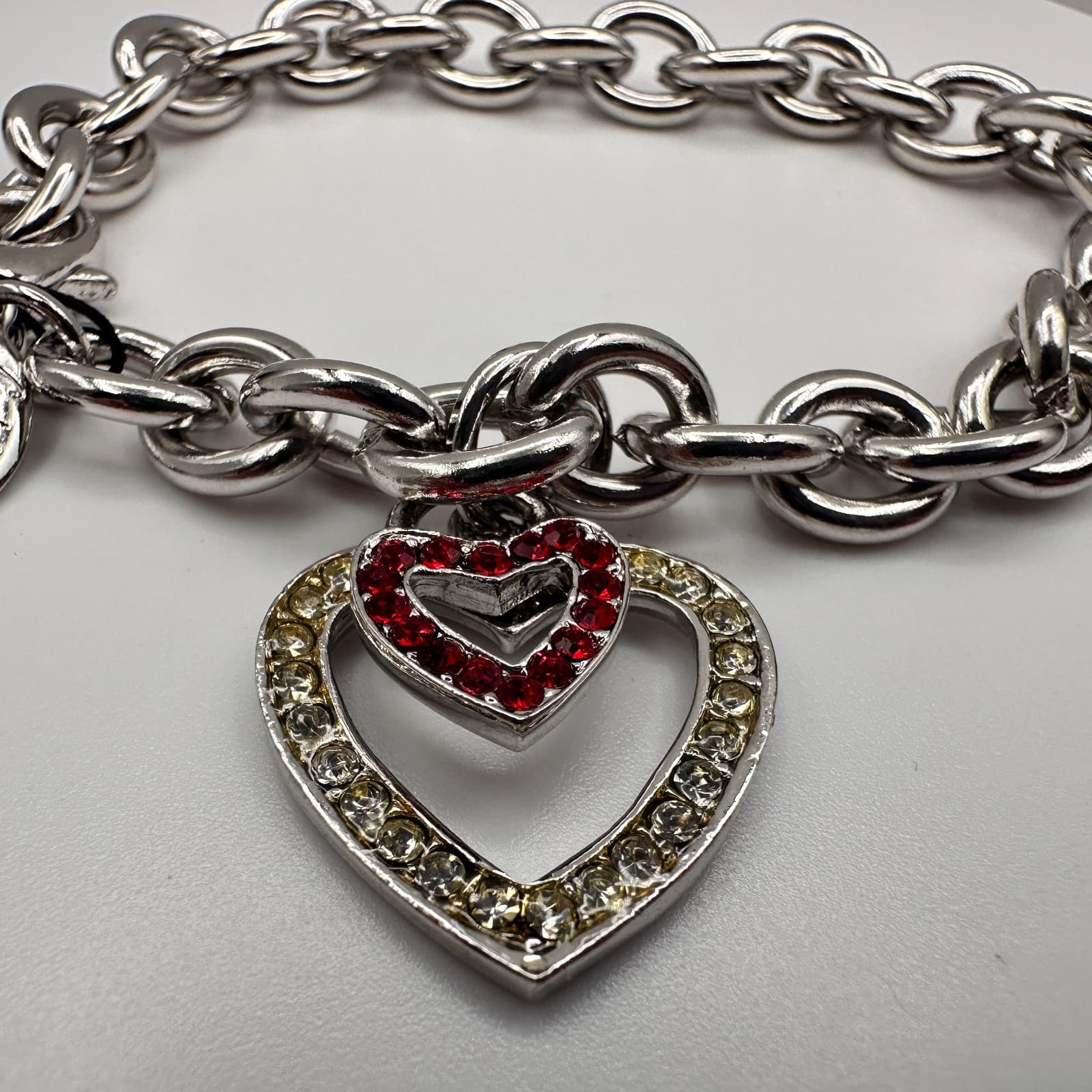 Vintage Y2K Cookie Lee Silver Tone Chunky Chain Bracelet Double Rhinestone Heart - Thumbnail 6