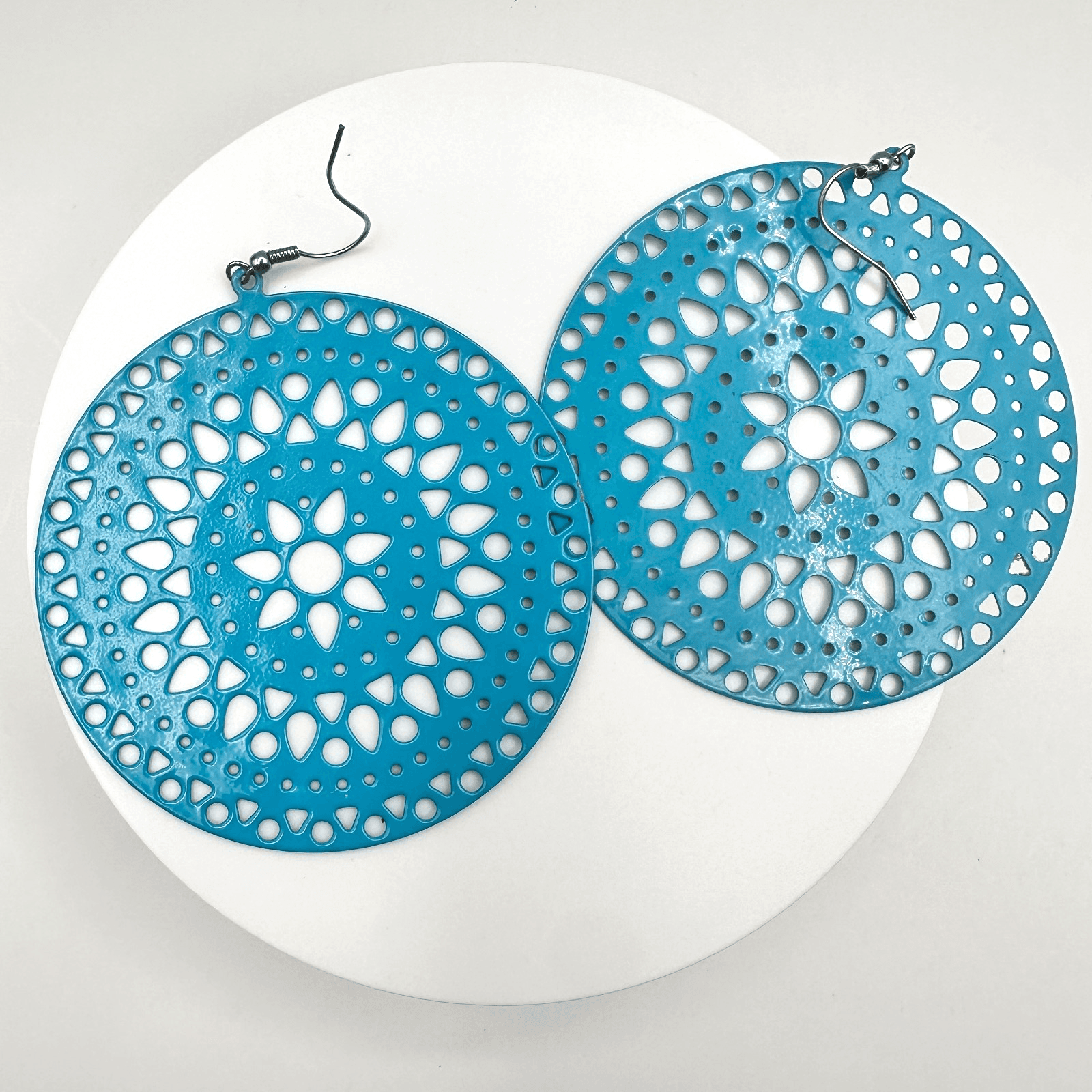 Vintage 90s Boho Teal Blue Enamel Large Filigree Round Drop Dangle Earrings - Image 1