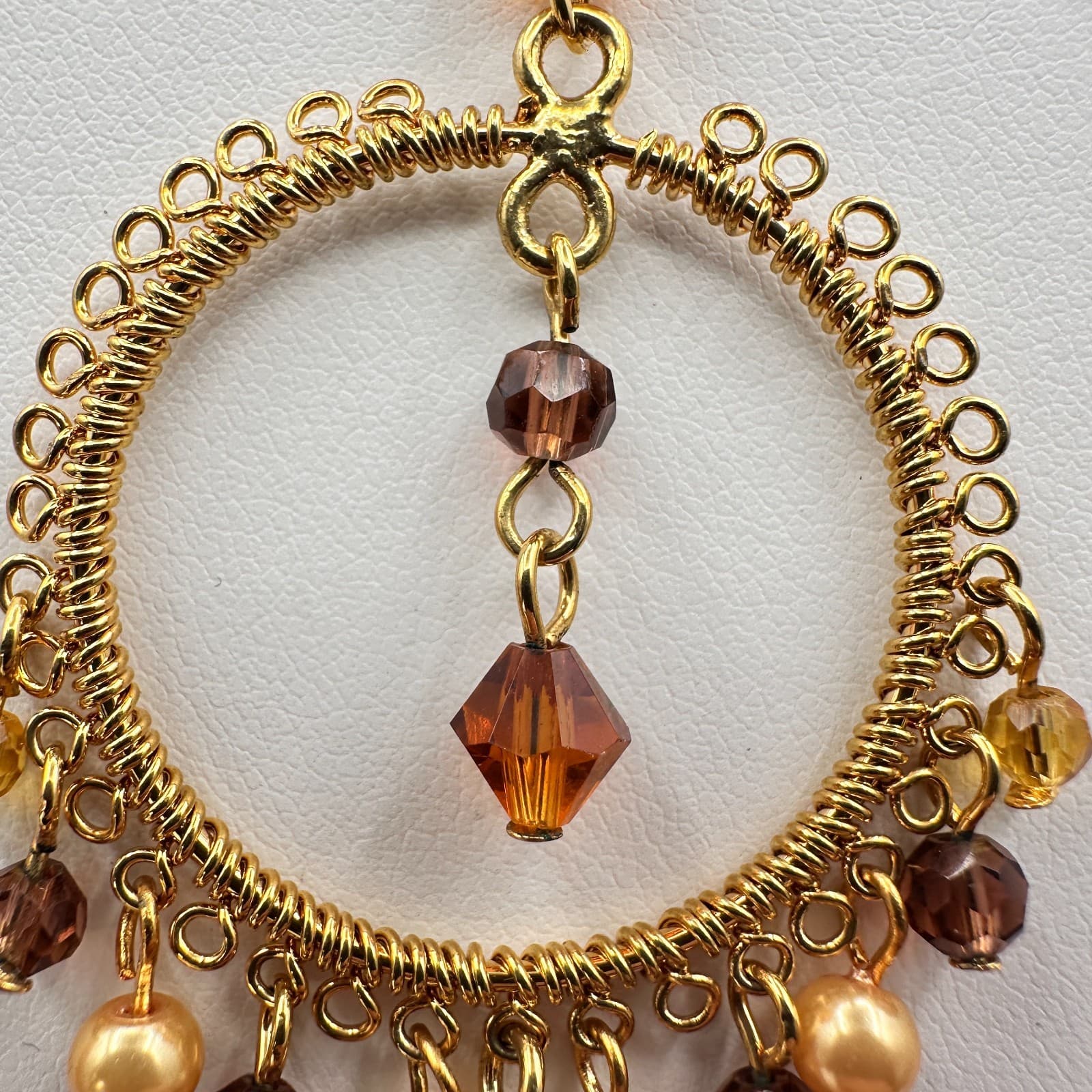 Vintage 90s Cookie Lee Amber Glass Gold Tone Round Pendant Necklace Boho Jewelry - Thumbnail 10