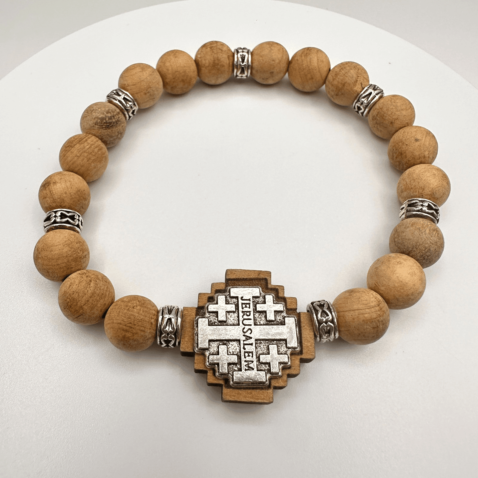 Vintage 90s Jerusalem Cross Stretch Bracelet Olive Wood Beads Religious Jewelry - Image 1