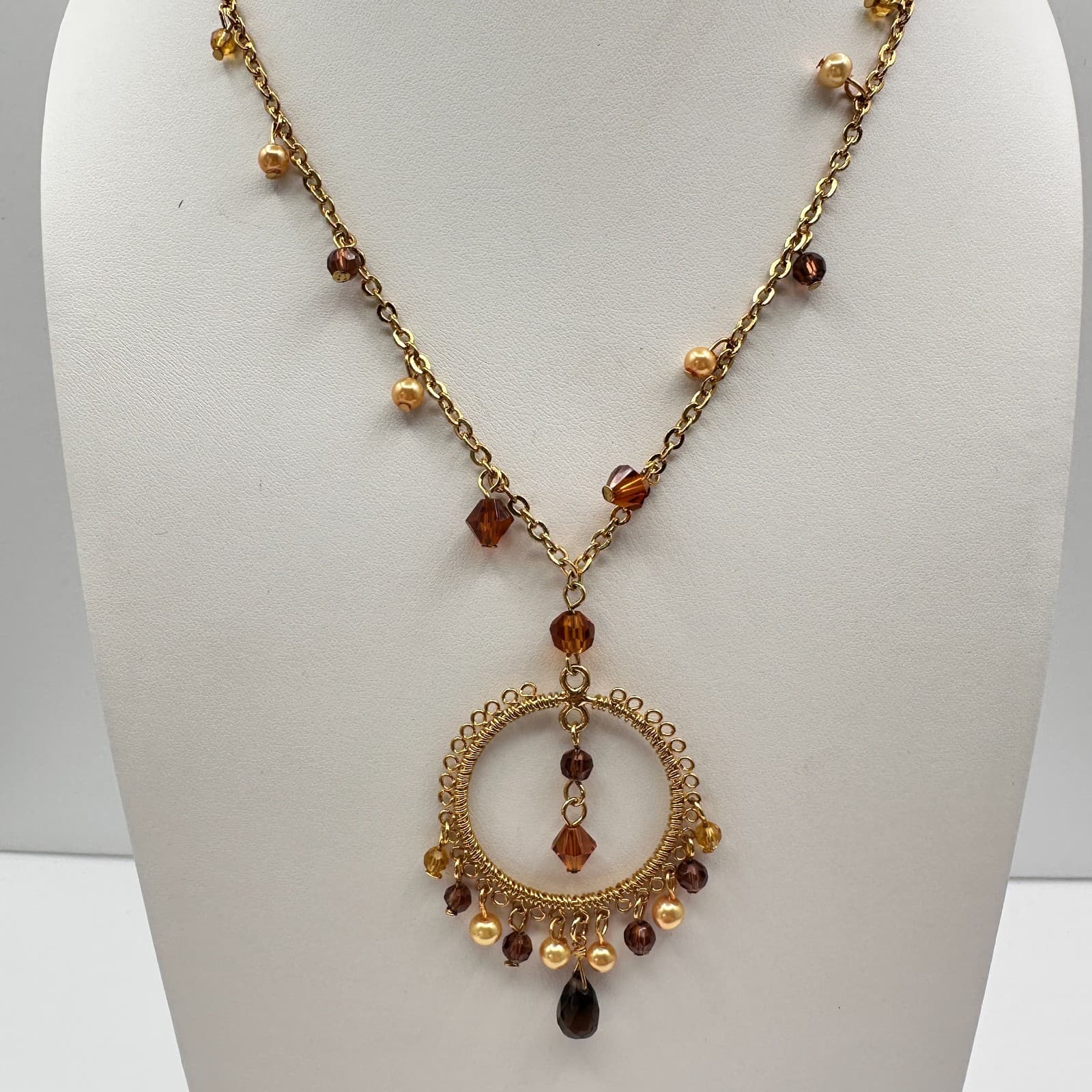 Vintage 90s Cookie Lee Amber Glass Gold Tone Round Pendant Necklace Boho Jewelry - Thumbnail 12