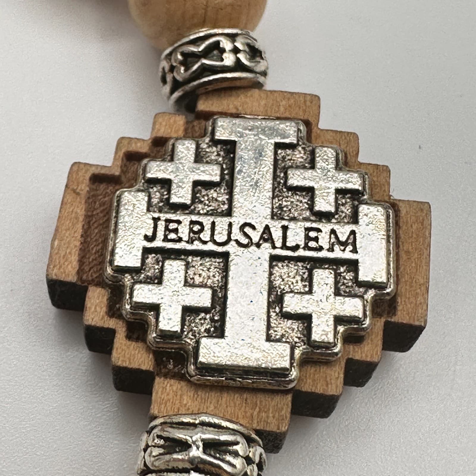 Vintage 90s Jerusalem Cross Stretch Bracelet Olive Wood Beads Religious Jewelry - Thumbnail 8