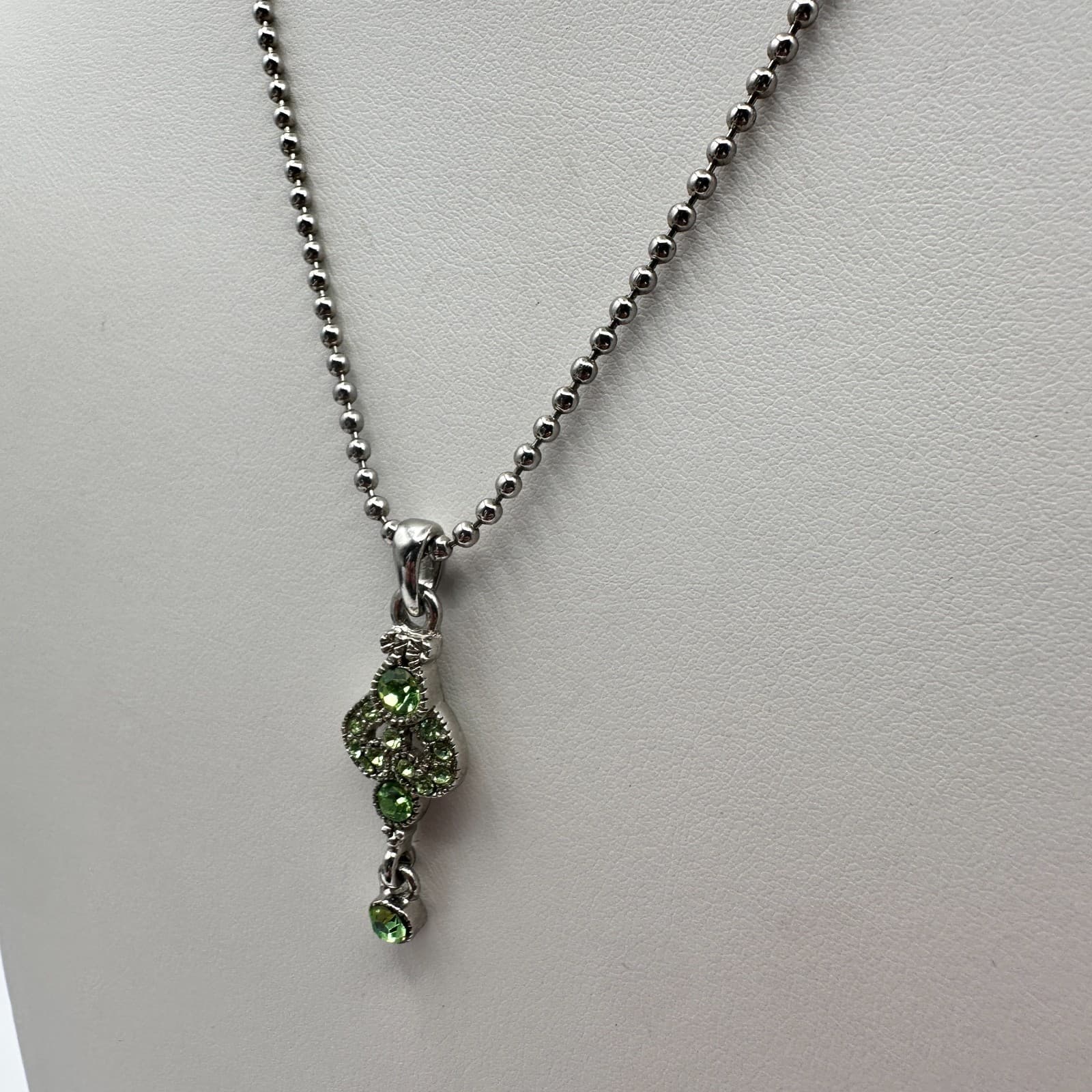 Vintage Y2K Cookie Lee Green Rhinestone Pendant Necklace Silver Tone Ball Chain - Thumbnail 8