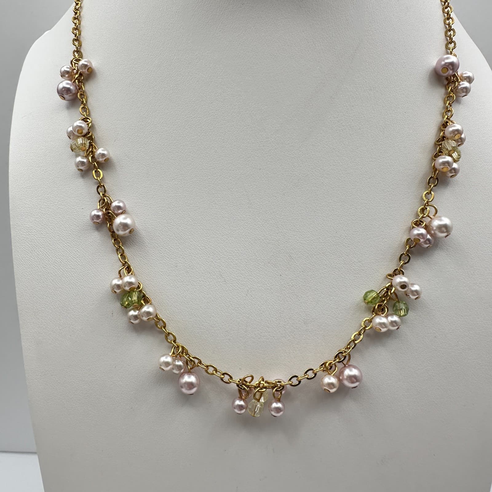 Vintage 90s Cookie Lee Faux Pearl Green Glass Necklace Gold Tone Women's Jewelry - Thumbnail 8