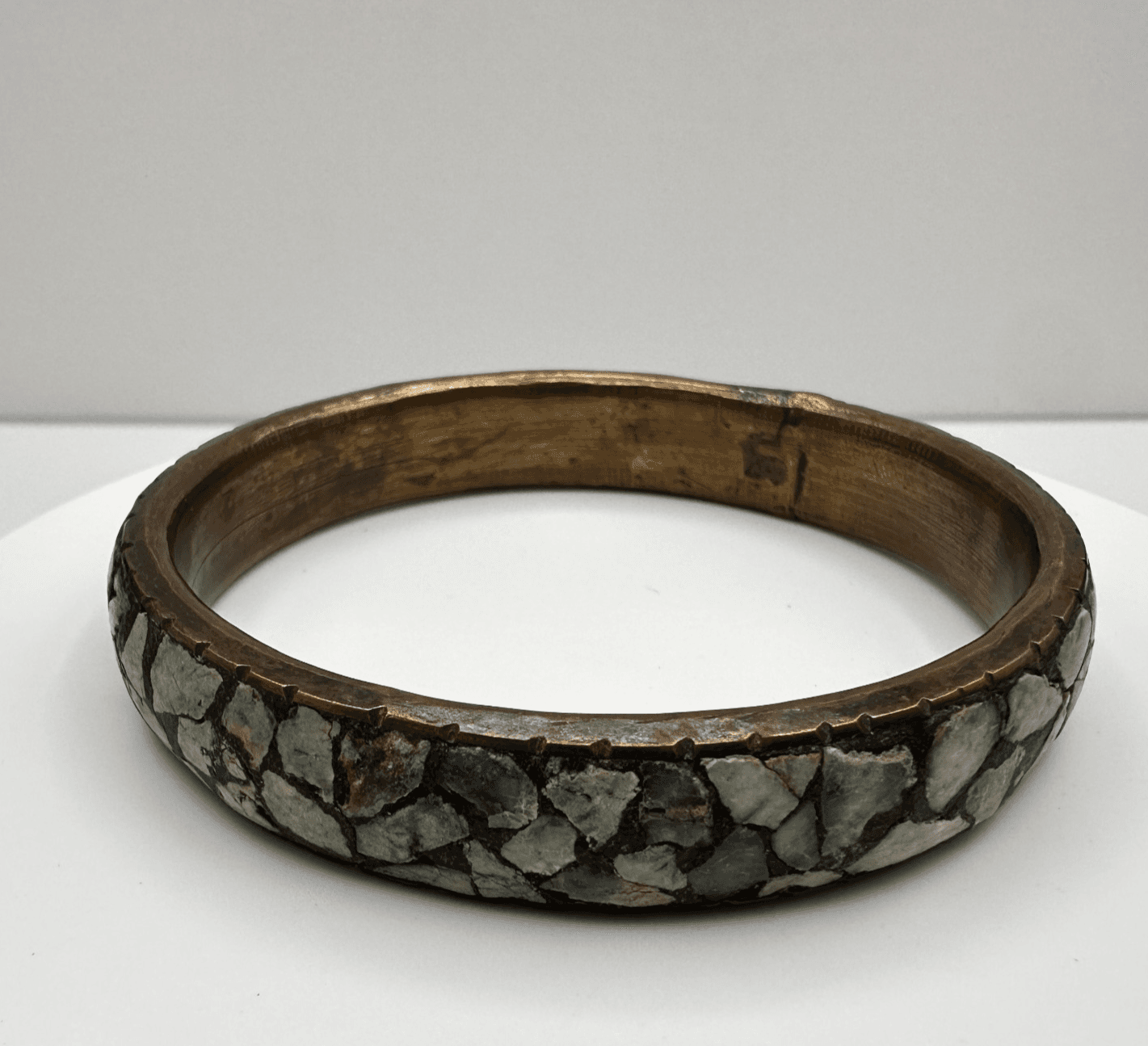 Vintage 80s Brass Bracelet Mosaic Turquoise Inlay Boho Ethnic Statement Jewelry - Image 1