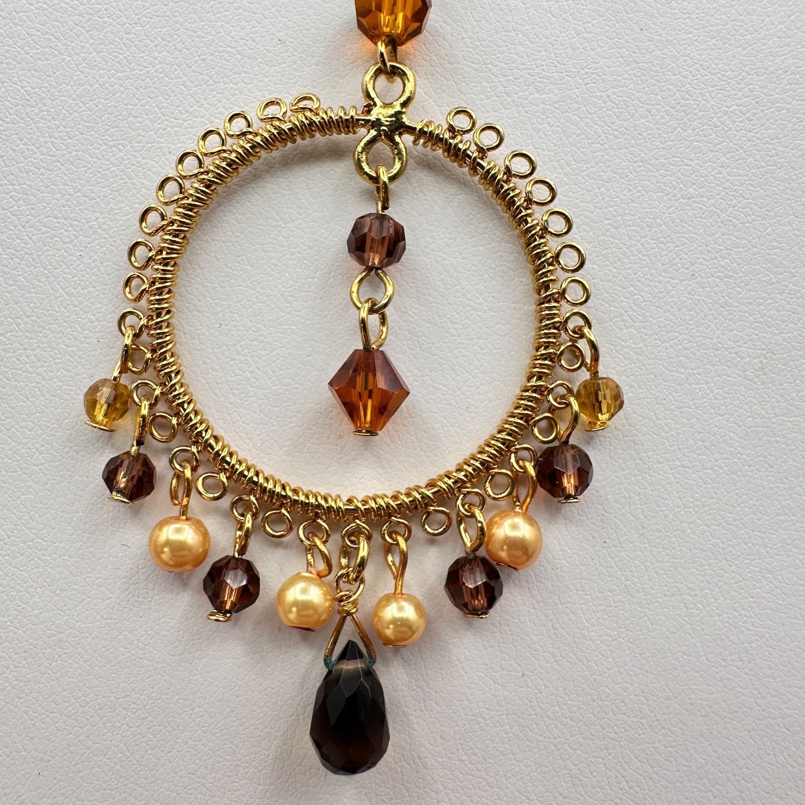 Vintage 90s Cookie Lee Amber Glass Gold Tone Round Pendant Necklace Boho Jewelry - Thumbnail 9