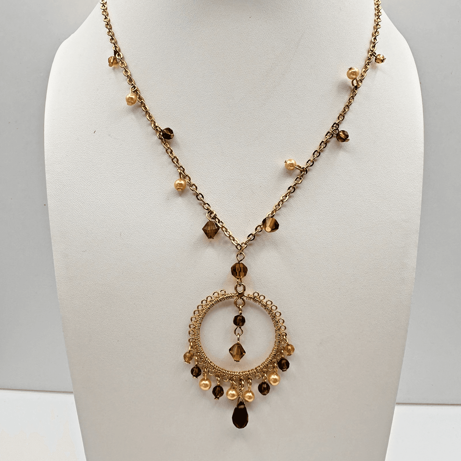 Vintage 90s Cookie Lee Amber Glass Gold Tone Round Pendant Necklace Boho Jewelry - Thumbnail 2