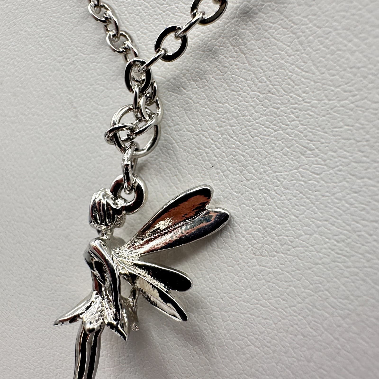 Vintage 90s Cookie Lee Fairy Pendant Necklace Silver Tone Tinkerbell Jewelry - Thumbnail 6