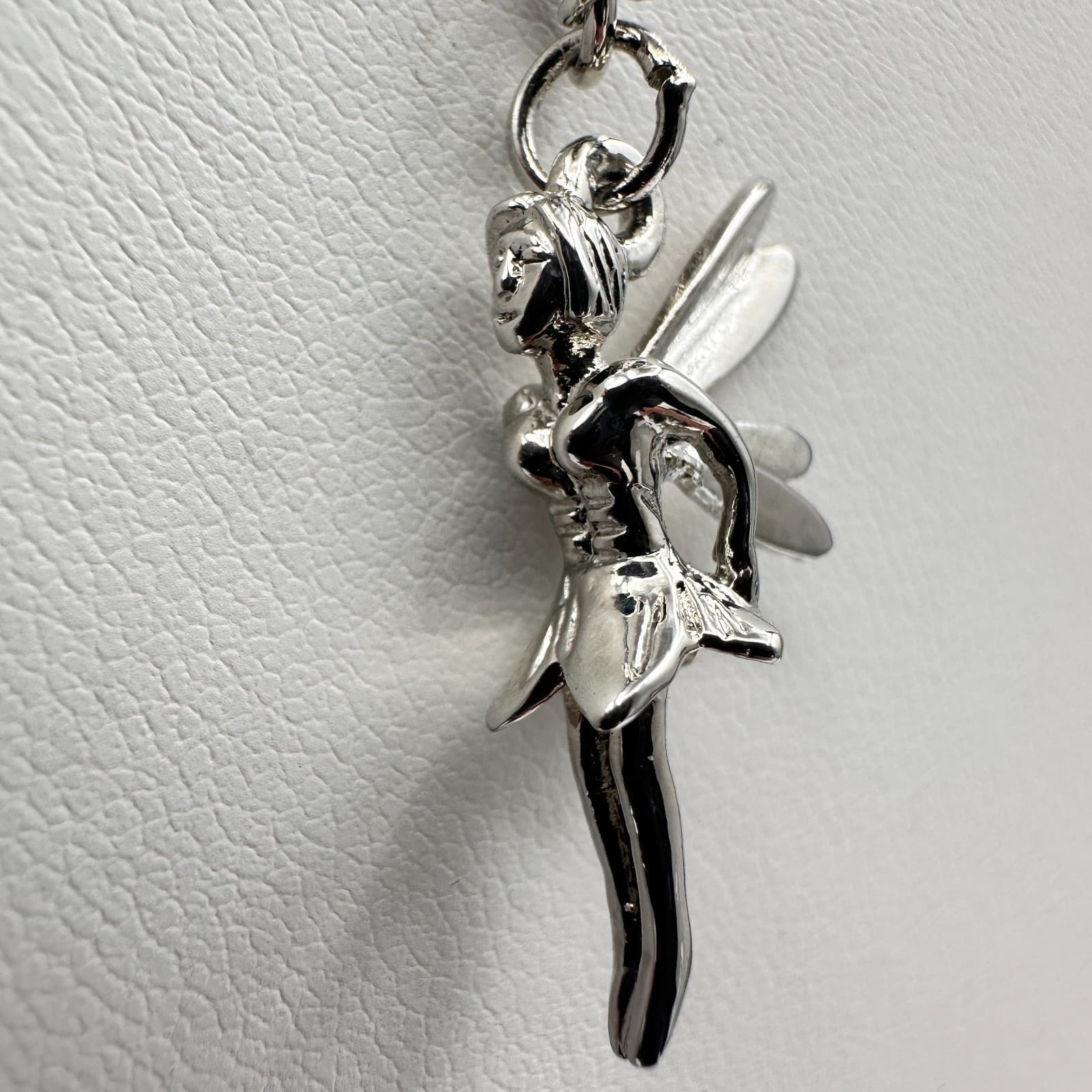 Vintage 90s Cookie Lee Fairy Pendant Necklace Silver Tone Tinkerbell Jewelry - Thumbnail 4