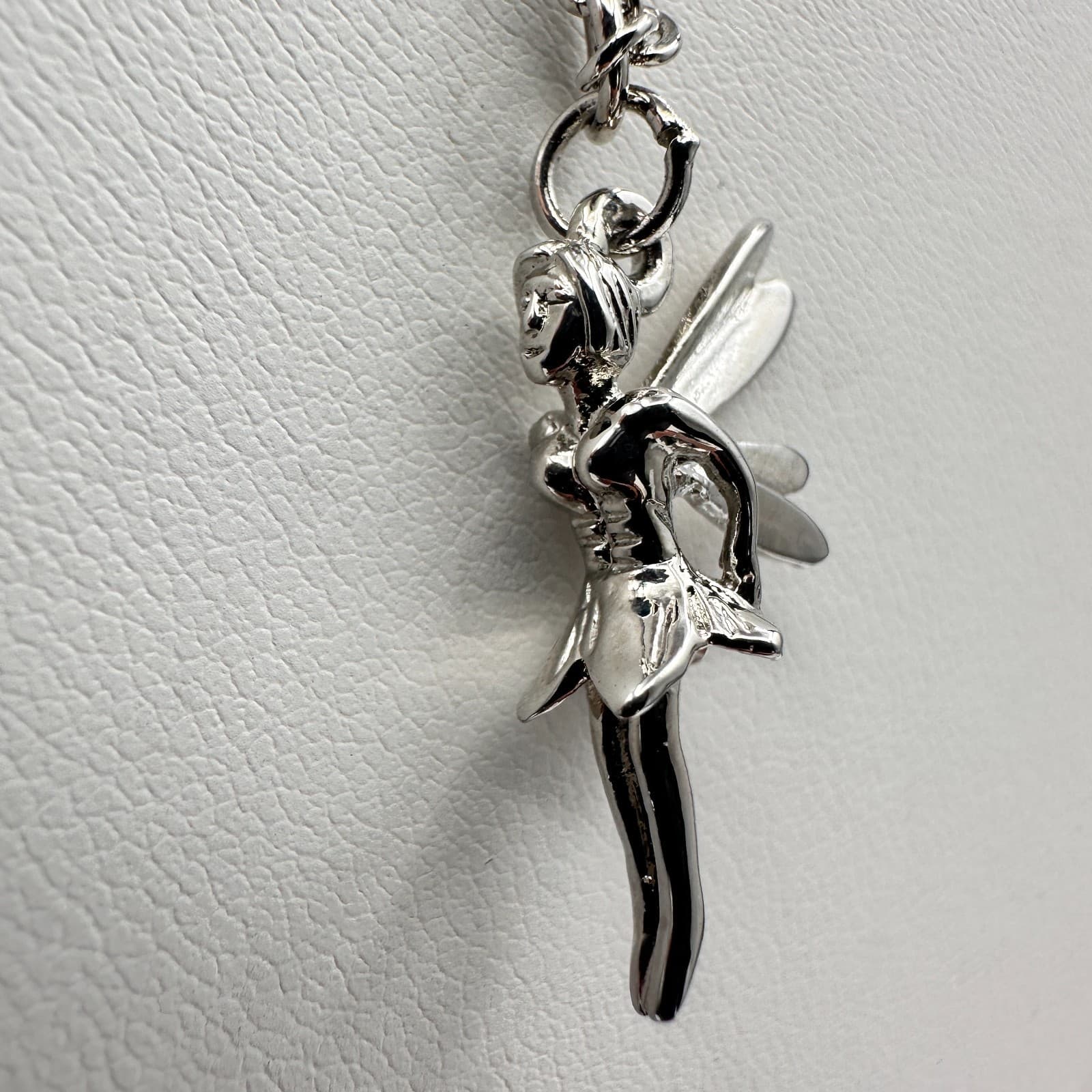 Vintage 90s Cookie Lee Fairy Pendant Necklace Silver Tone Tinkerbell Jewelry - Thumbnail 3