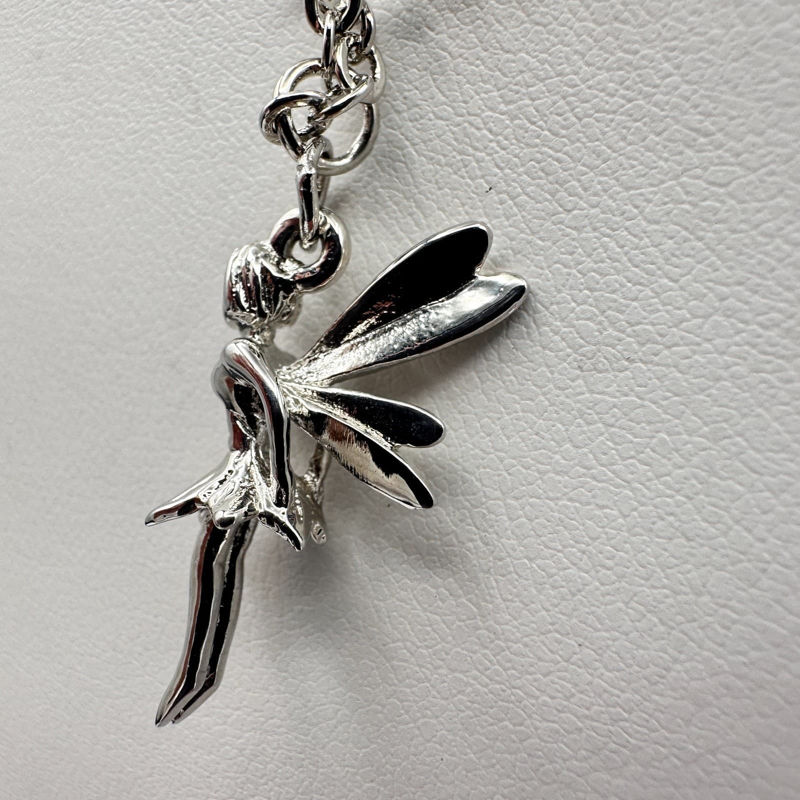 Vintage 90s Cookie Lee Fairy Pendant Necklace Silver Tone Tinkerbell Jewelry - Thumbnail 5
