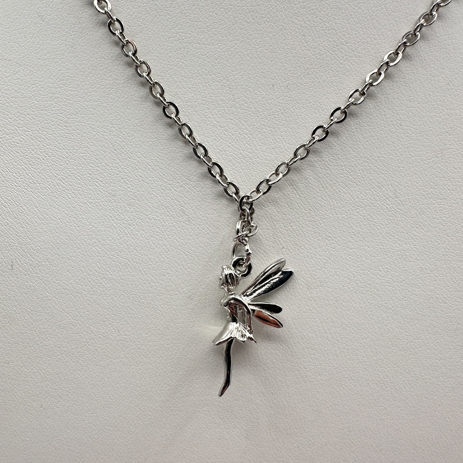 Vintage 90s Cookie Lee Fairy Pendant Necklace Silver Tone Tinkerbell Jewelry - Thumbnail 7