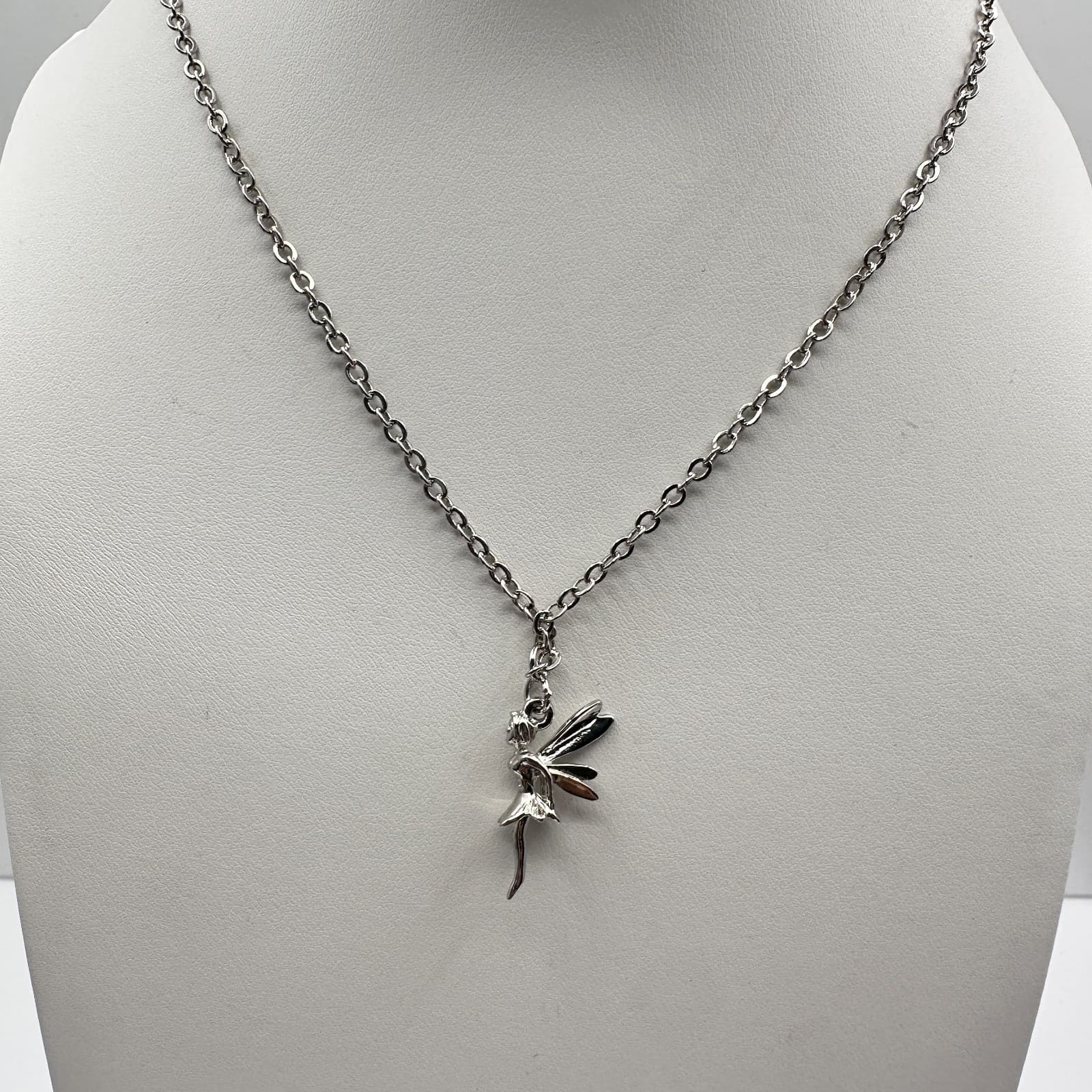 Vintage 90s Cookie Lee Fairy Pendant Necklace Silver Tone Tinkerbell Jewelry - Thumbnail 8