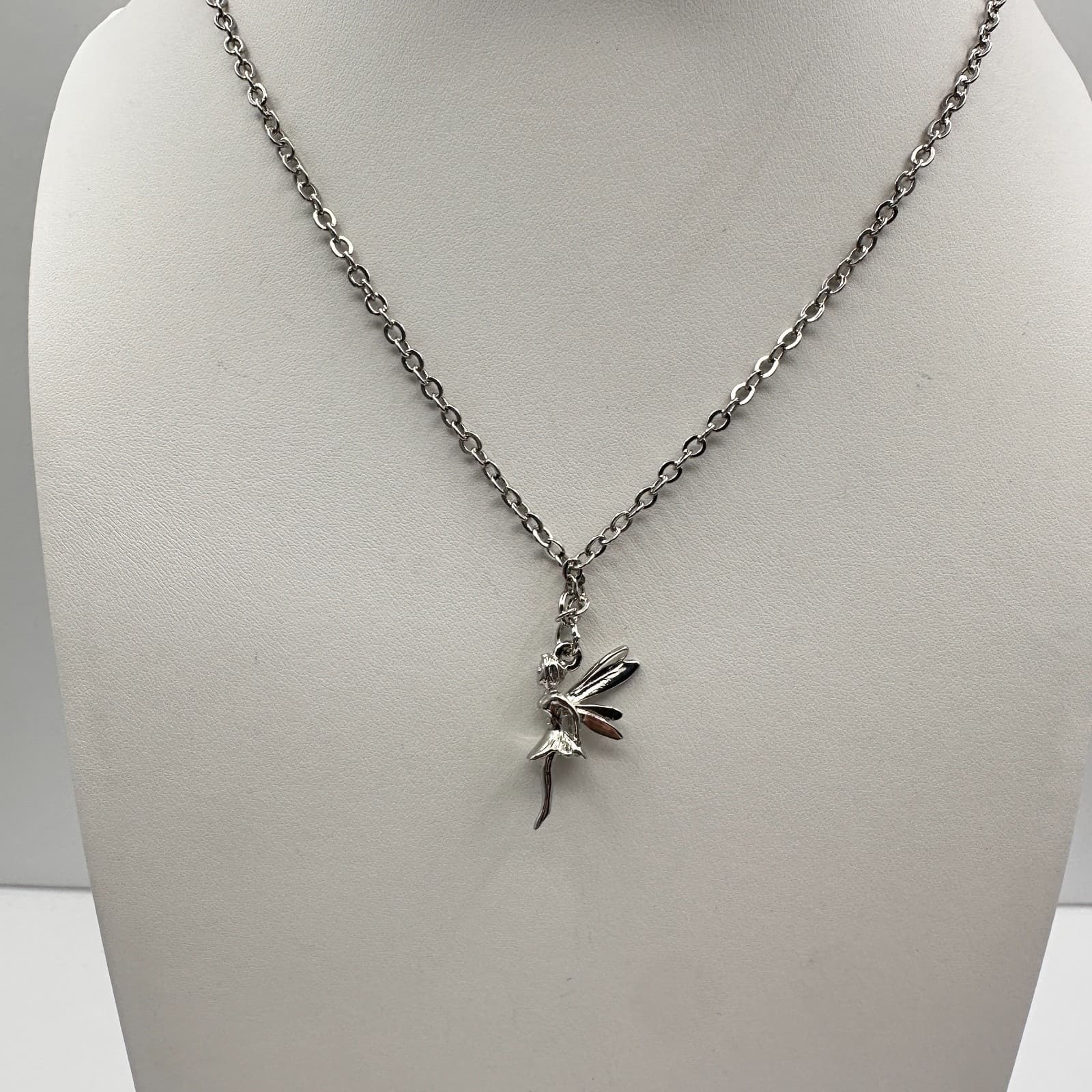 Vintage 90s Cookie Lee Fairy Pendant Necklace Silver Tone Tinkerbell Jewelry - Thumbnail 2